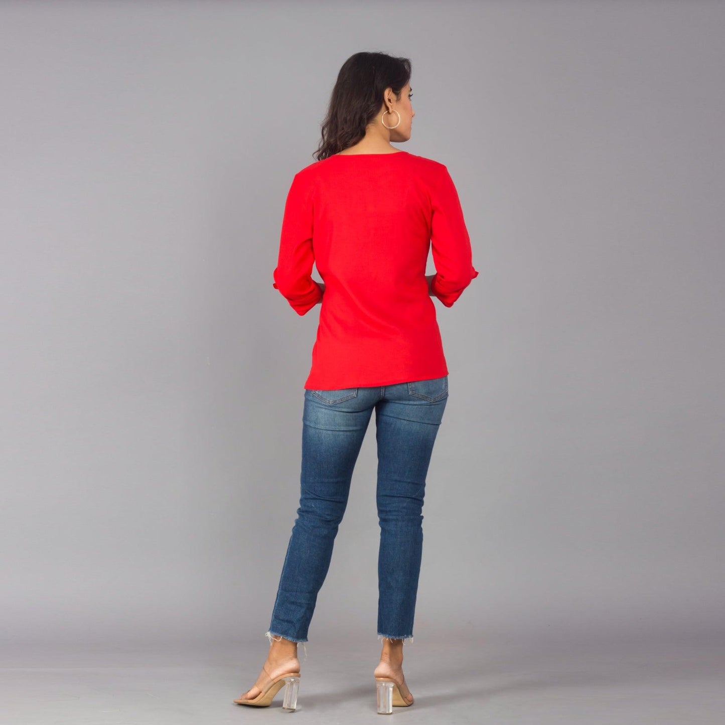 Rayon Red Solid Round Neck Casual Top - Frionkandy