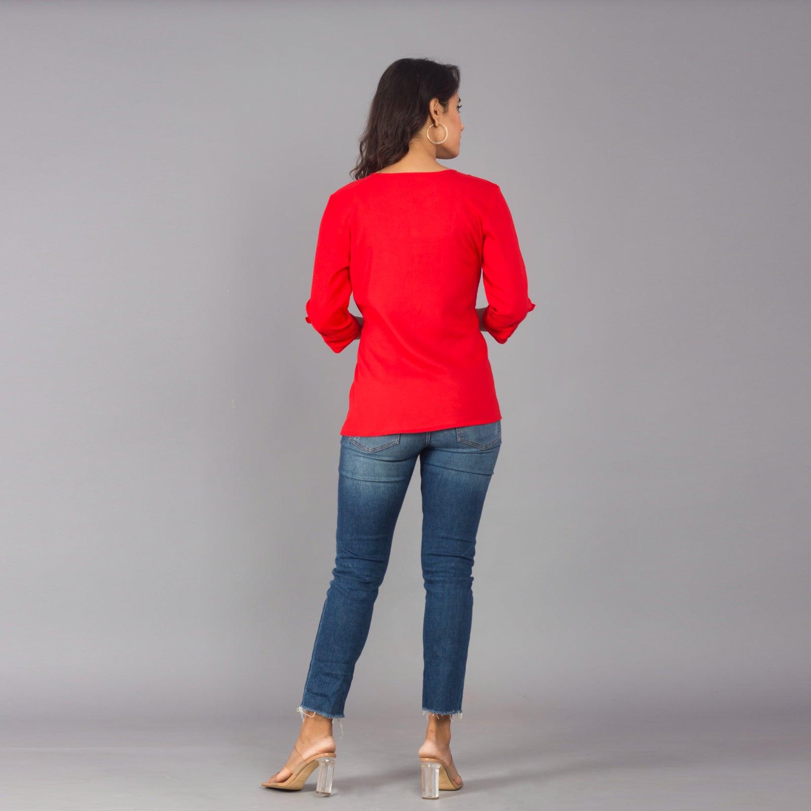 Rayon Red Solid Round Neck Casual Top - Frionkandy