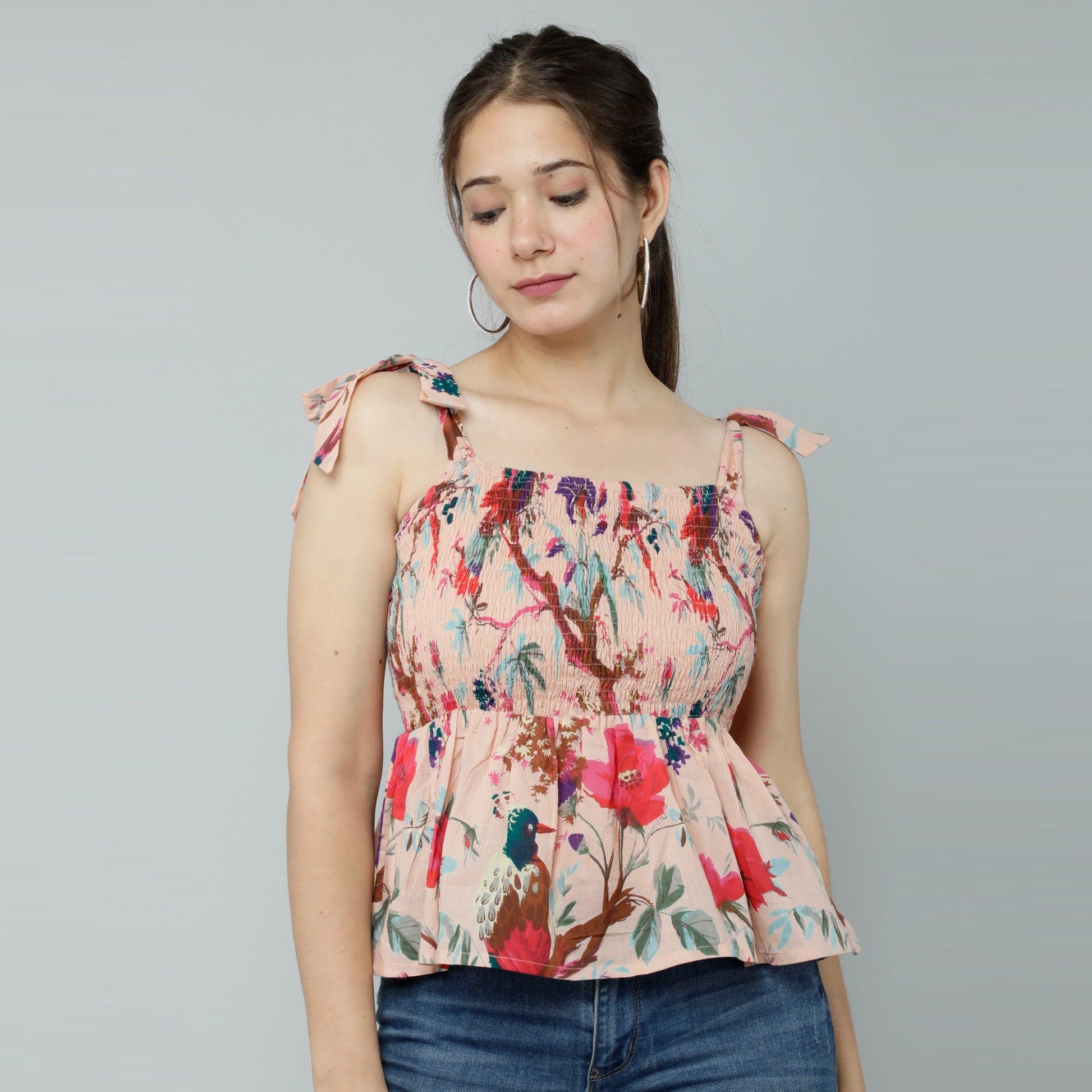 Peach Bird Printed Shirred Top - Frionkandy