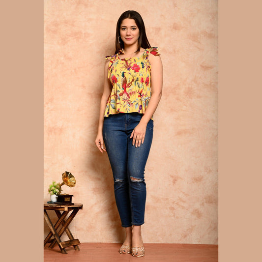 Yellow Bird Printed Shirred Top - Frionkandy