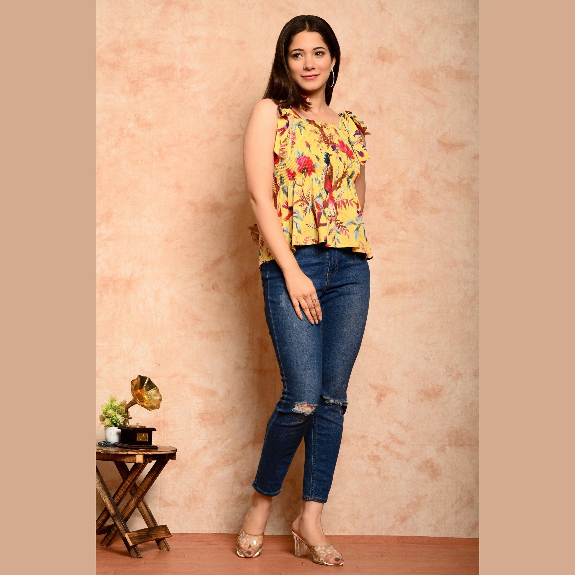 Yellow Bird Printed Shirred Top - Frionkandy