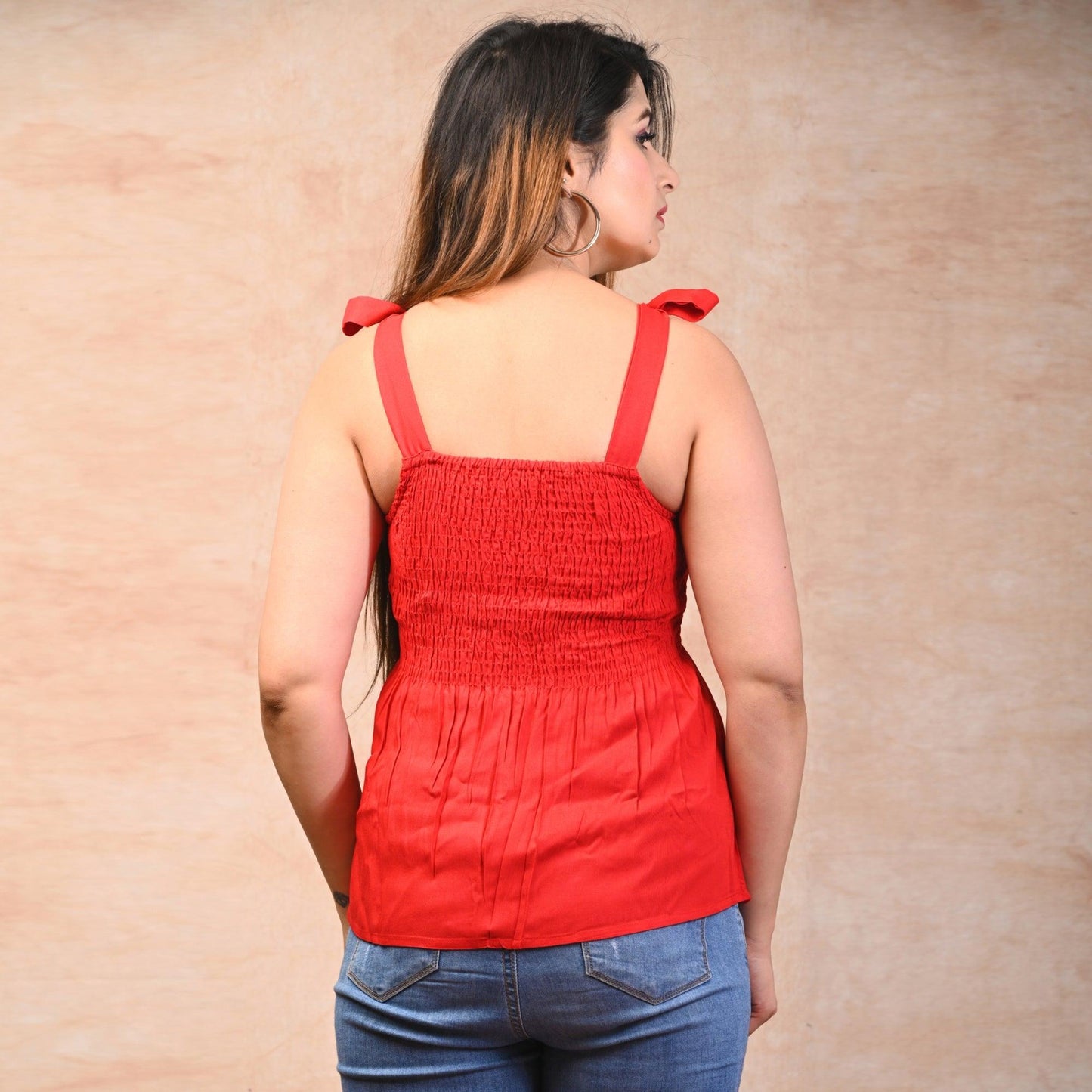 Red Rayon Solid Smocked Top - Frionkandy