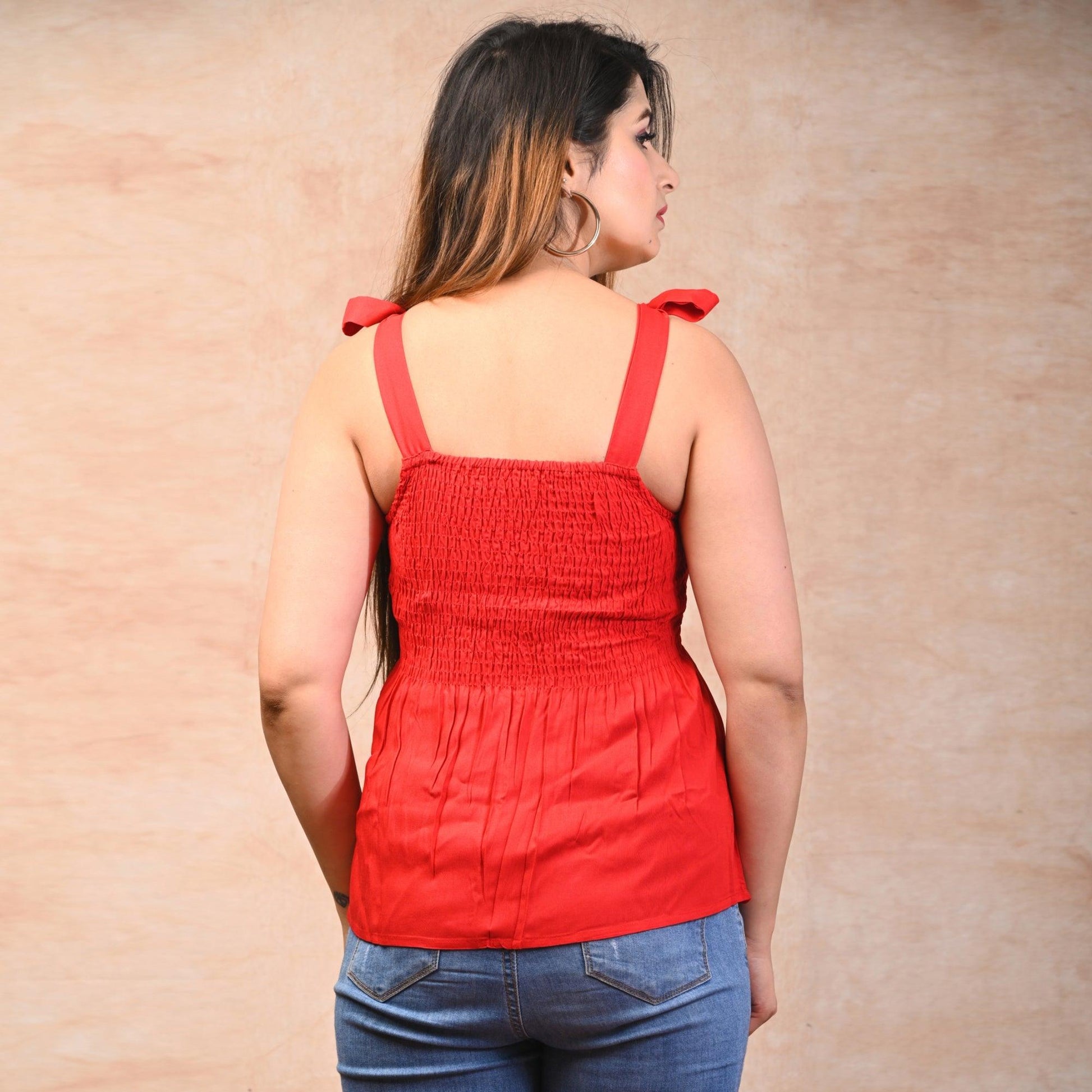 Red Rayon Solid Smocked Top - Frionkandy