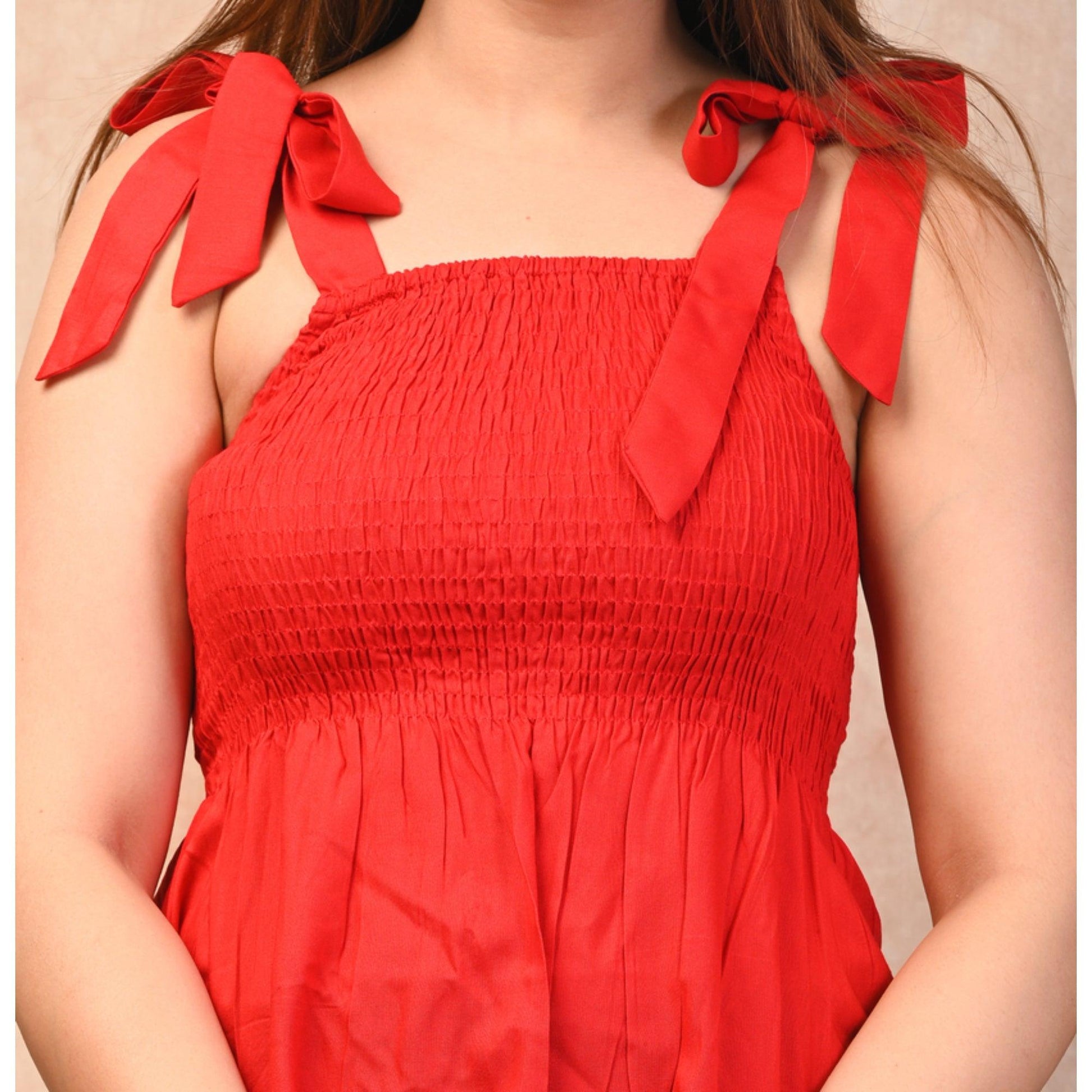 Red Rayon Solid Smocked Top - Frionkandy