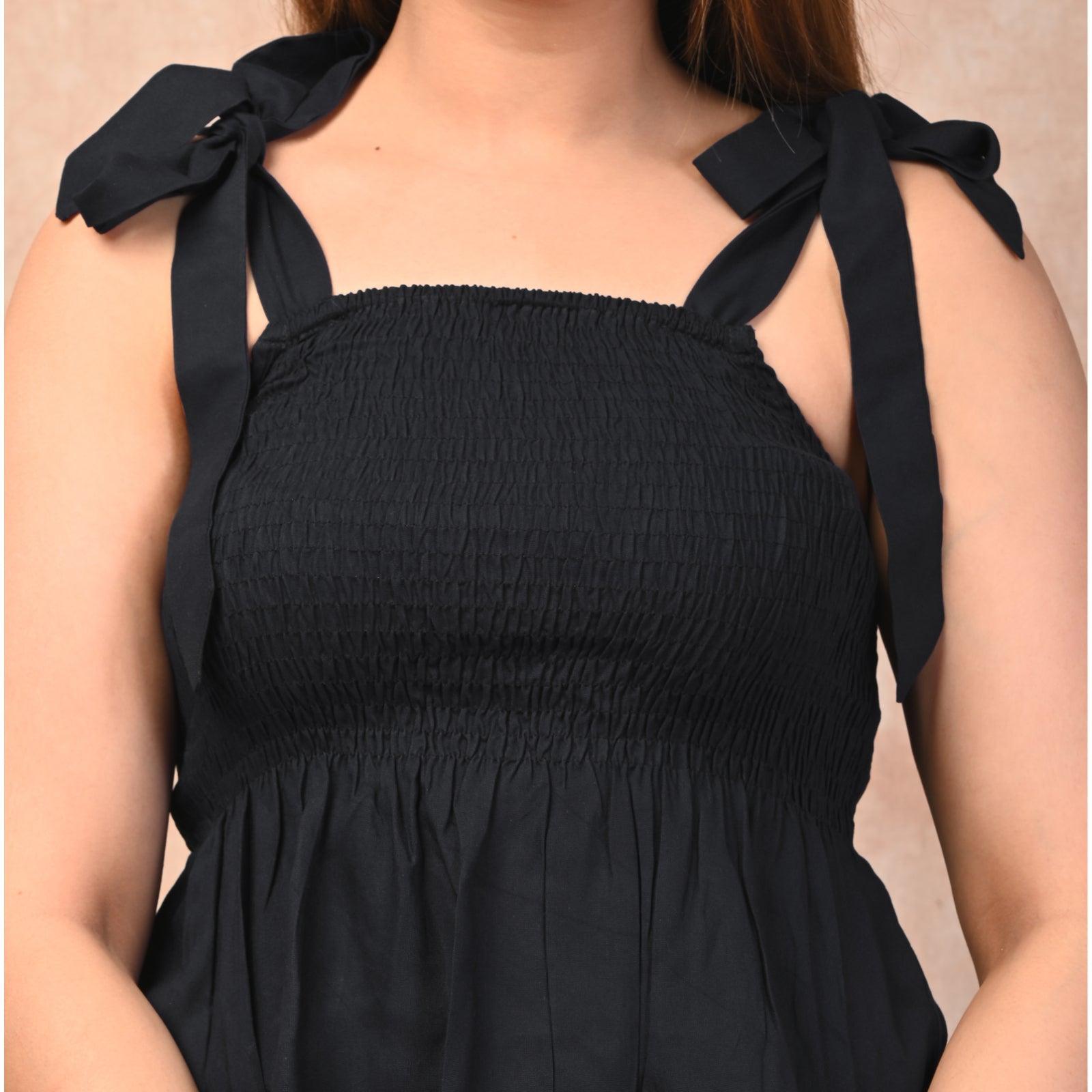 Rayon Black Solid Smocked Sleeveless Top - Frionkandy