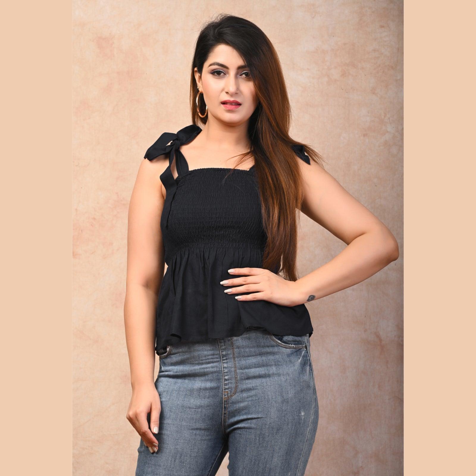 Rayon Black Solid Smocked Sleeveless Top - Frionkandy