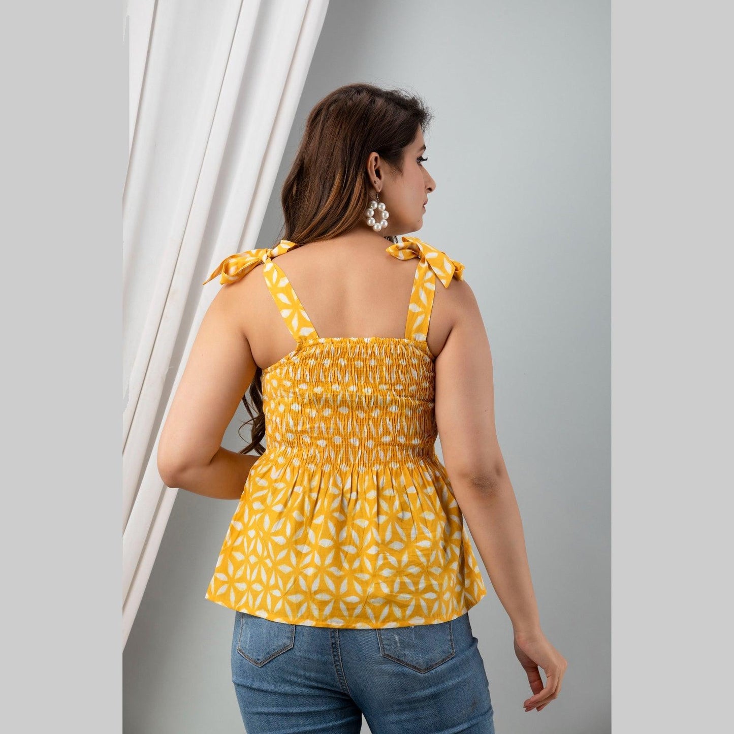 Cotton Yellow Printed Smocked Sleeveless Top - Frionkandy