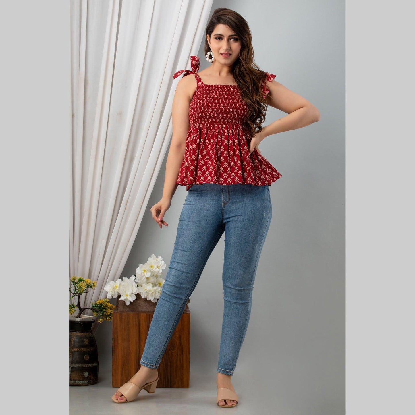 Cotton Maroon Printed Smocked Sleeveless Top - Frionkandy