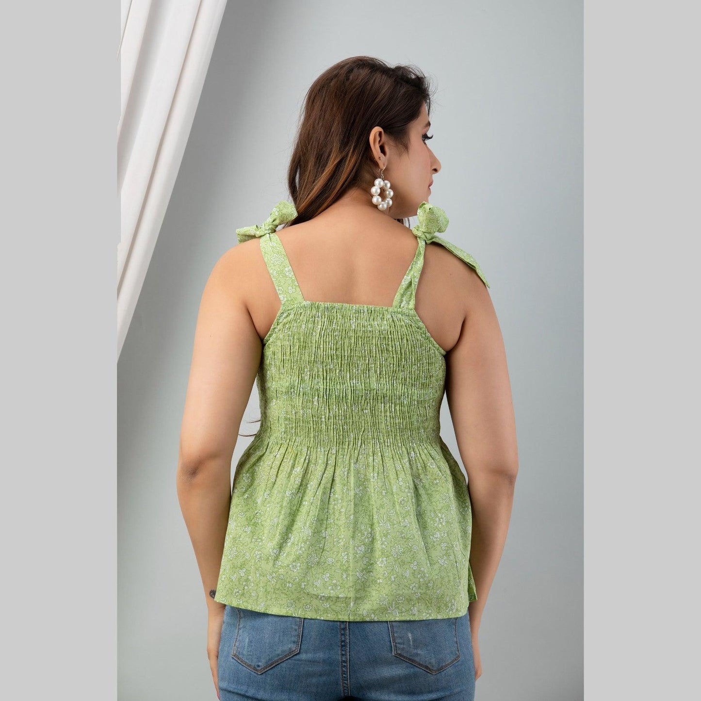 Cotton Light Green Printed Smocked Sleeveless Top - Frionkandy