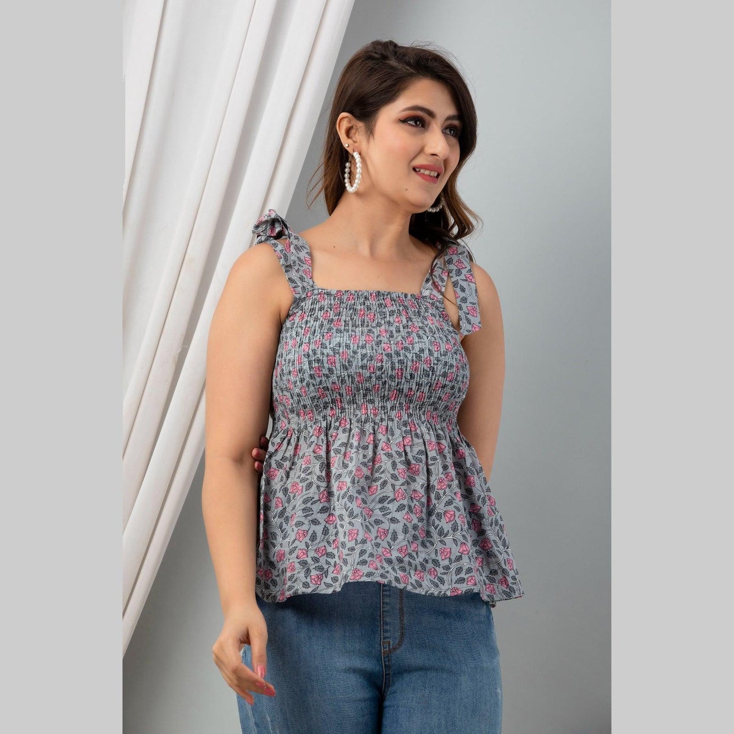 Cotton Grey Printed Smocked Sleeveless Top - Frionkandy