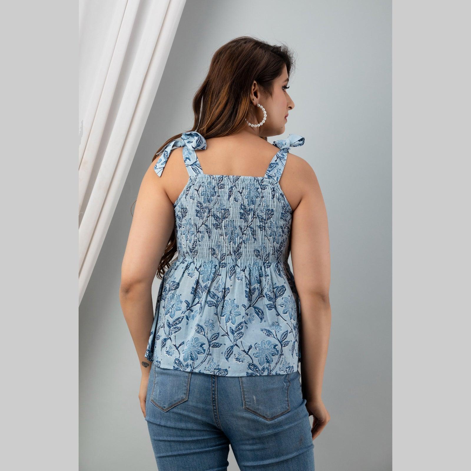 Cotton Light Blue Printed Smocked Sleeveless Top - Frionkandy