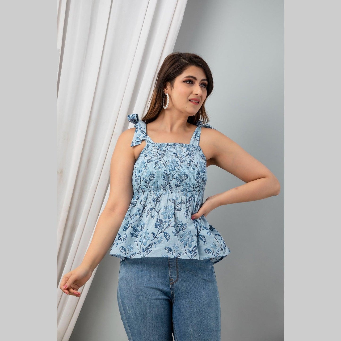 Cotton Light Blue Printed Smocked Sleeveless Top - Frionkandy