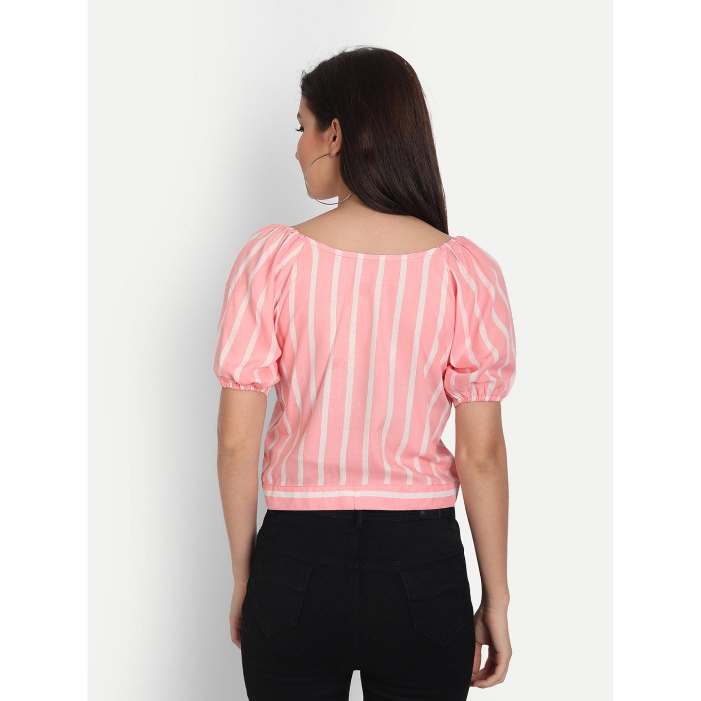 Rayon Light Pink Vertical Stripe Print Half Sleeve Top - Frionkandy