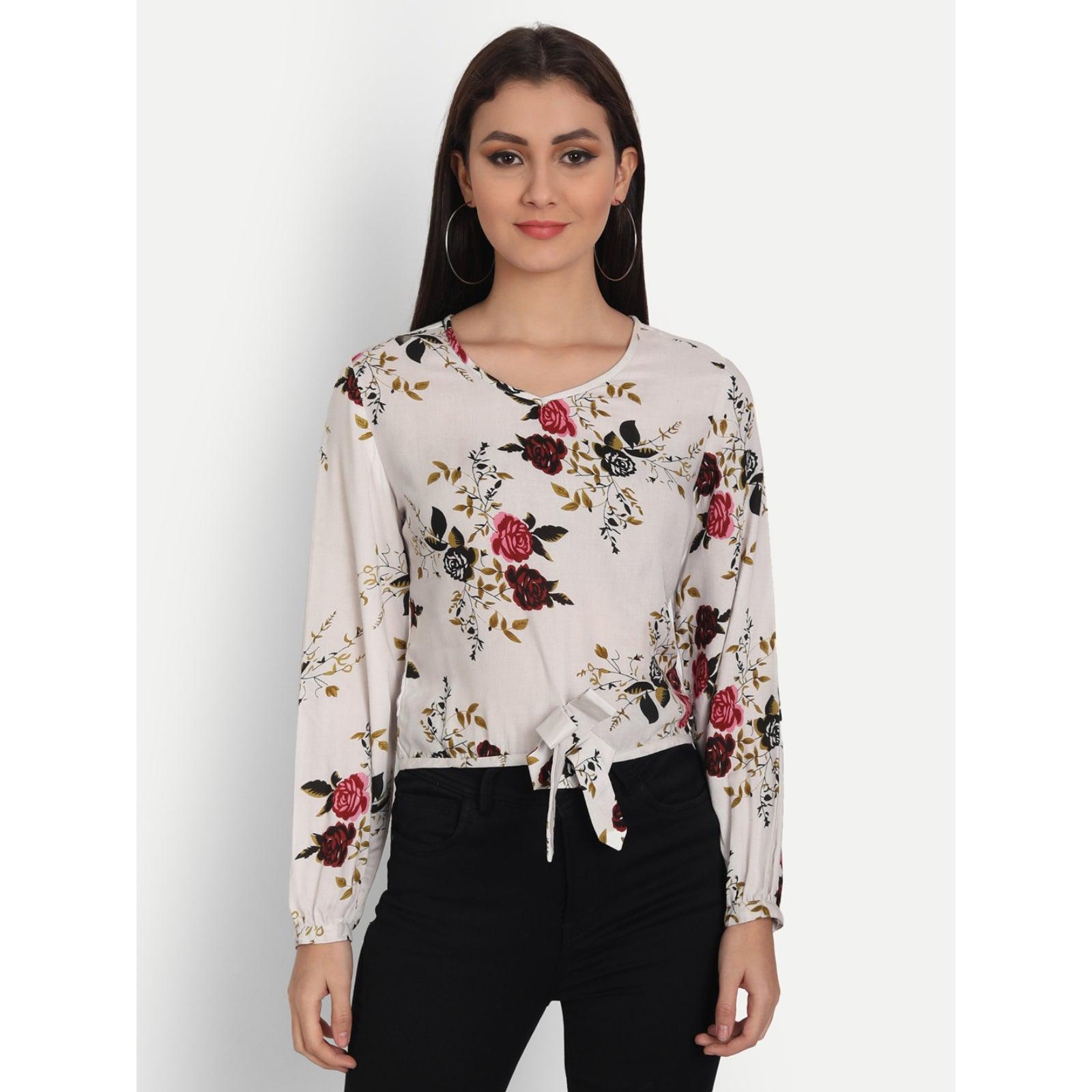 Rayon White Floral Printed Full Sleeve Top - Frionkandy