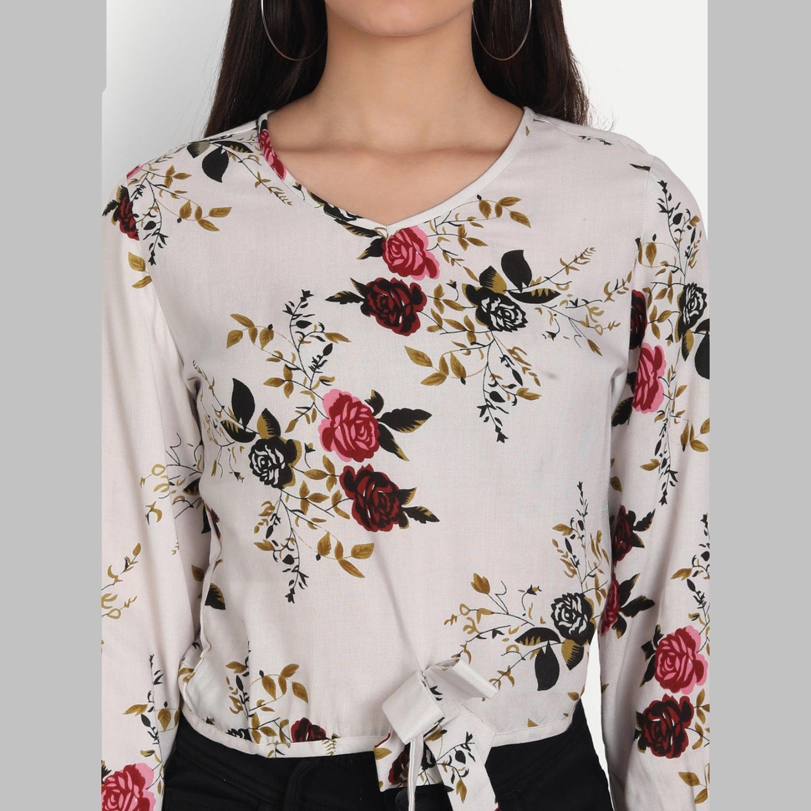 Rayon White Floral Printed Full Sleeve Top - Frionkandy