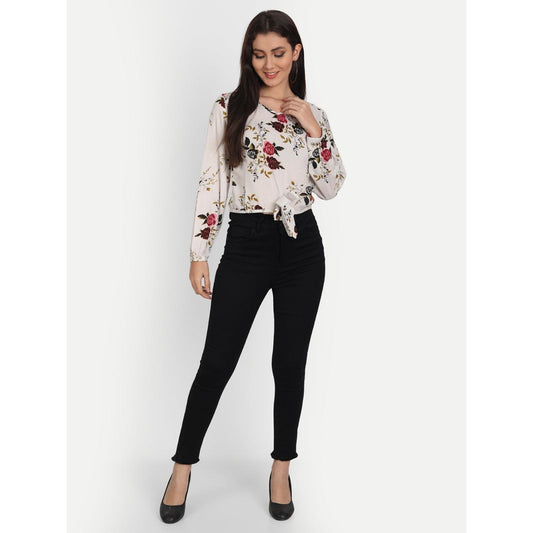 Rayon White Floral Printed Full Sleeve Top - Frionkandy