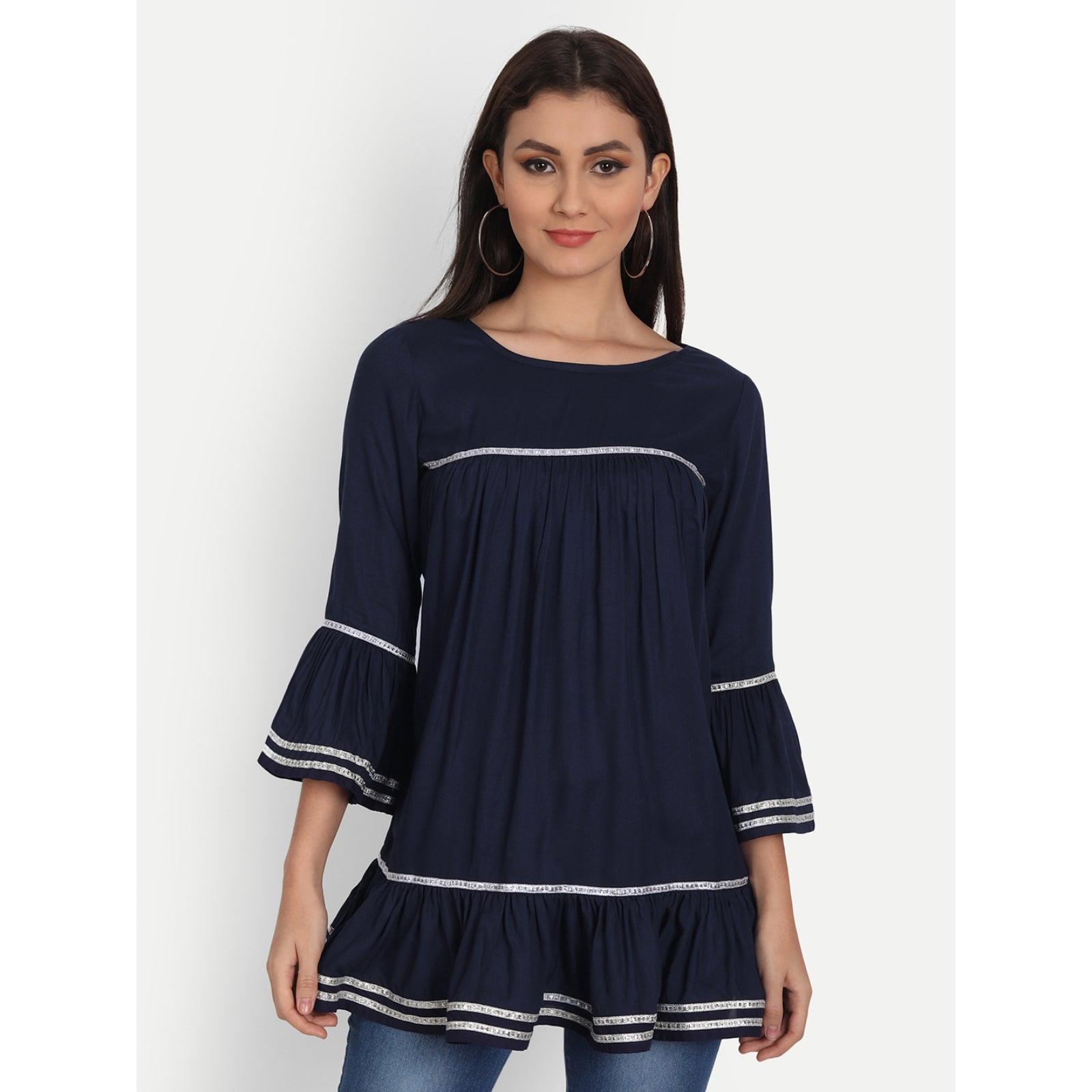 Rayon Solid Navy Blue Casual Bell Sleeve Top - Frionkandy