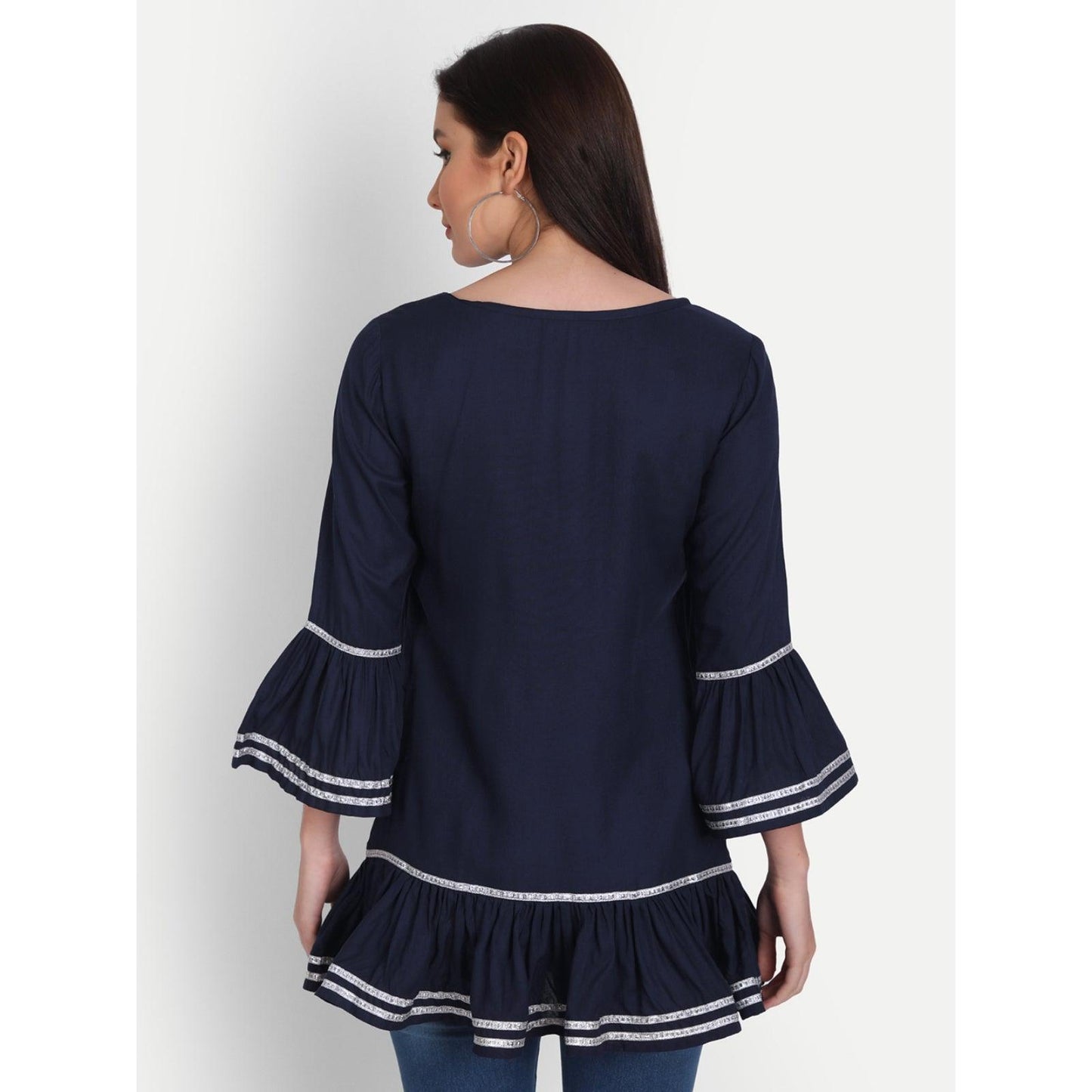 Rayon Solid Navy Blue Casual Bell Sleeve Top - Frionkandy