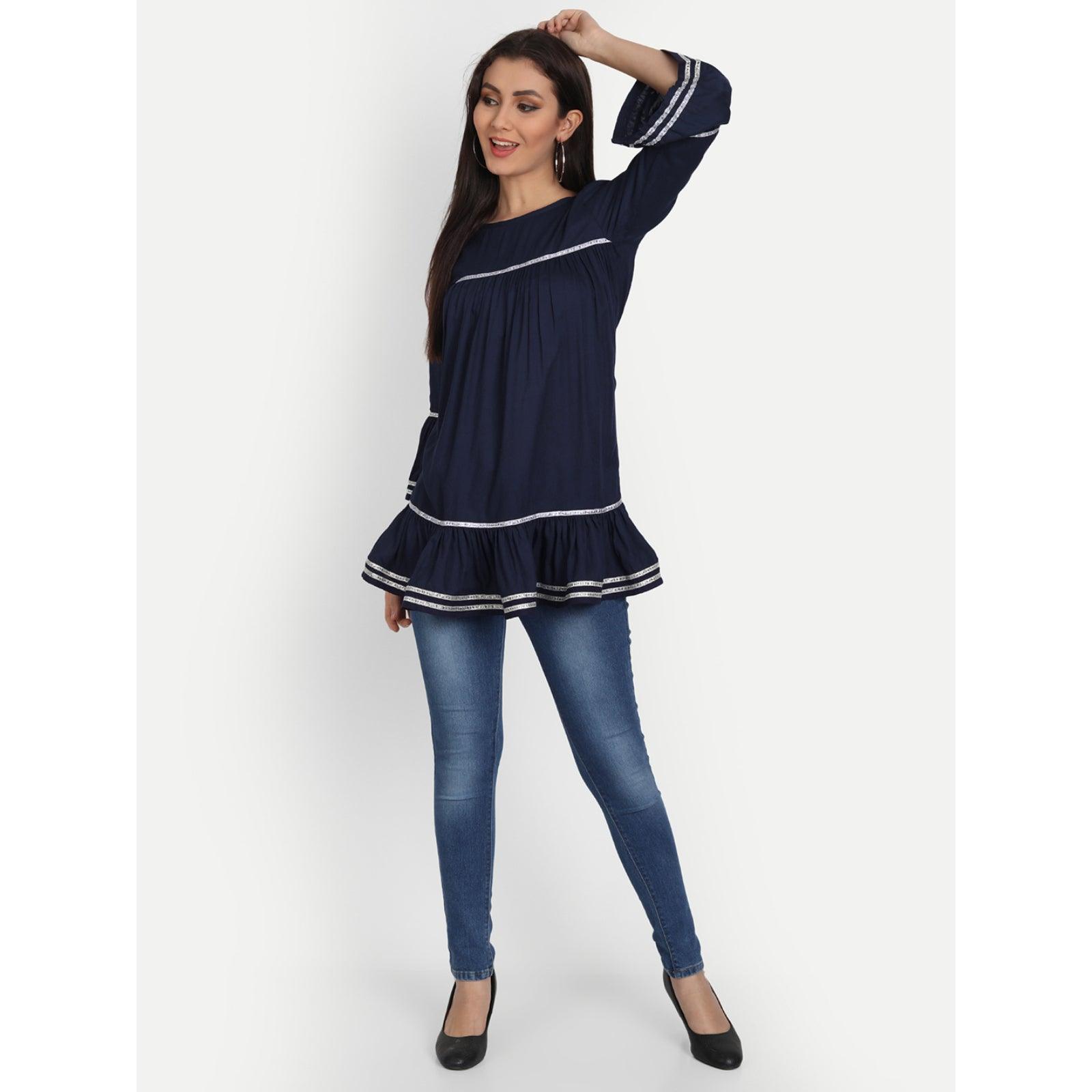 Rayon Solid Navy Blue Casual Bell Sleeve Top - Frionkandy