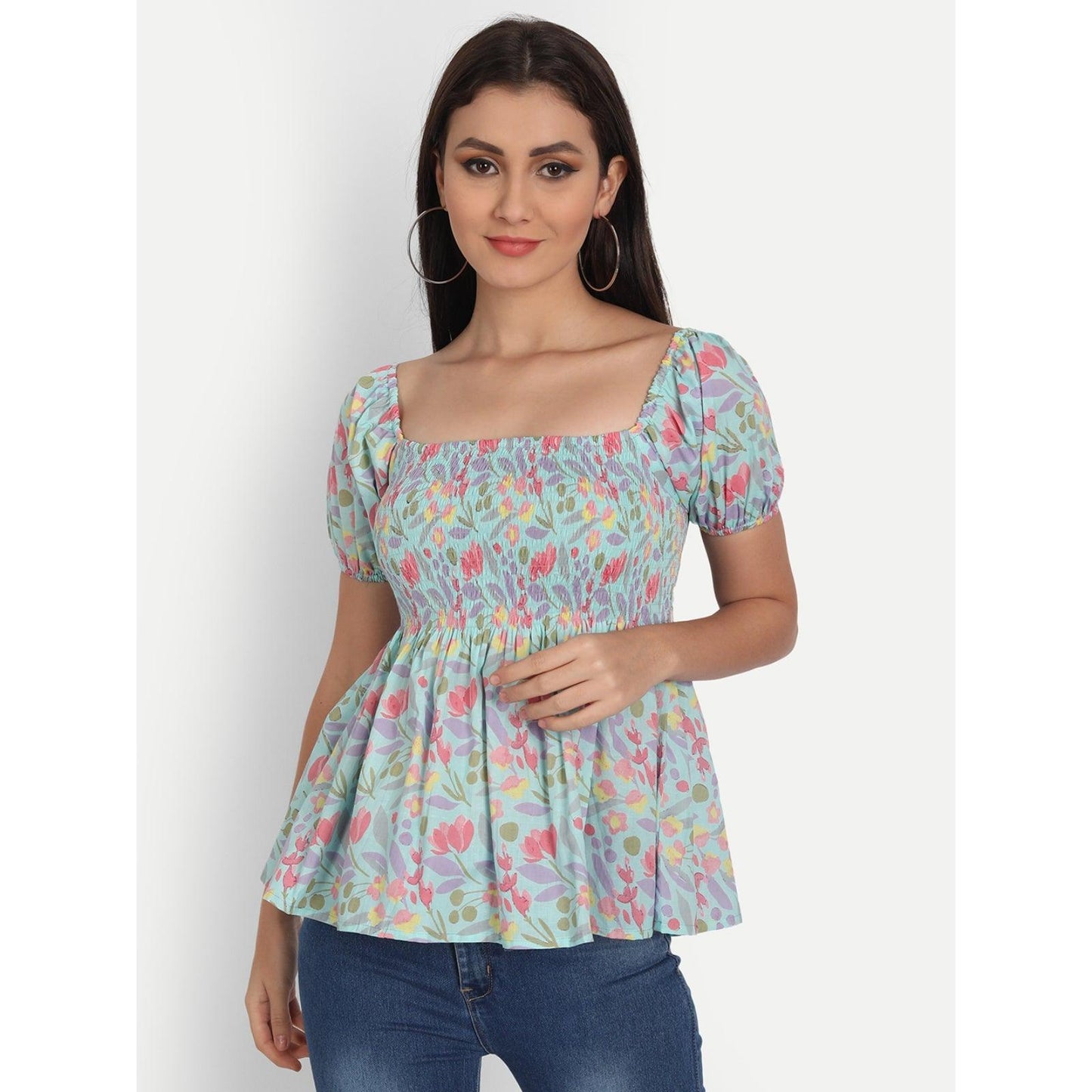 Cotton Light Blue Floral Print Half Sleeve Top - Frionkandy