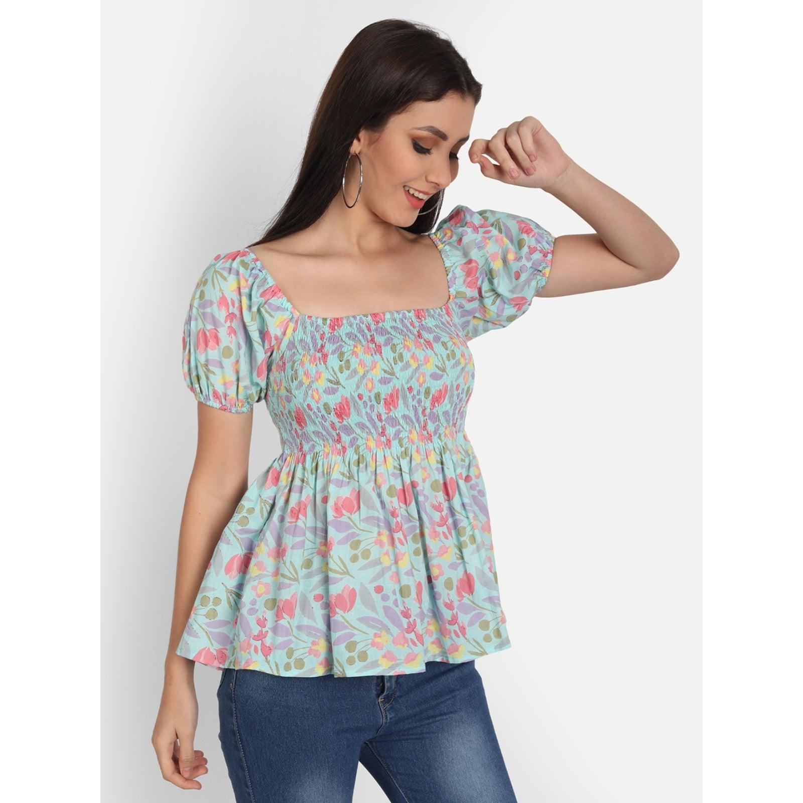 Cotton Light Blue Floral Print Half Sleeve Top - Frionkandy