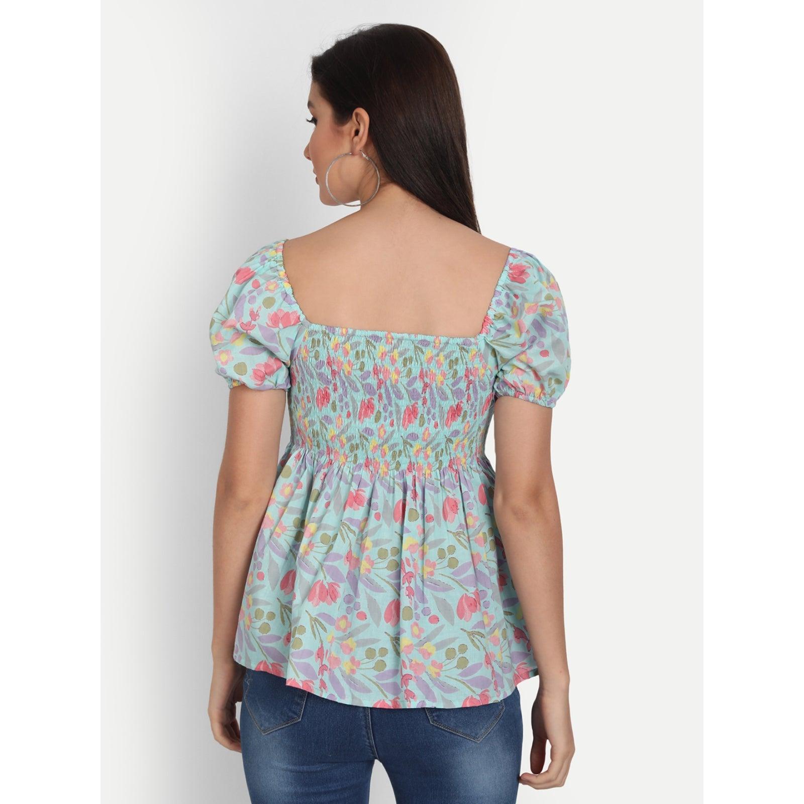 Cotton Light Blue Floral Print Half Sleeve Top - Frionkandy