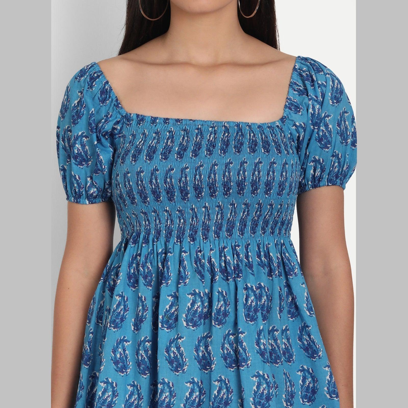 Cotton Blue Printed Casual Half Sleeve Top - Frionkandy