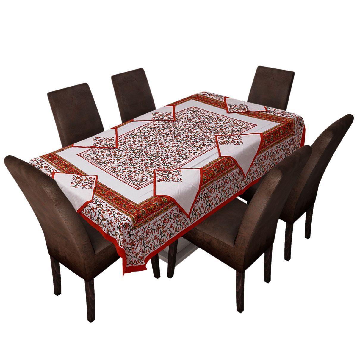 Red Pure Hand Block Printed 240 TC Cotton Table Cover with 6 Napkins (SHKF1001) - Frionkandy