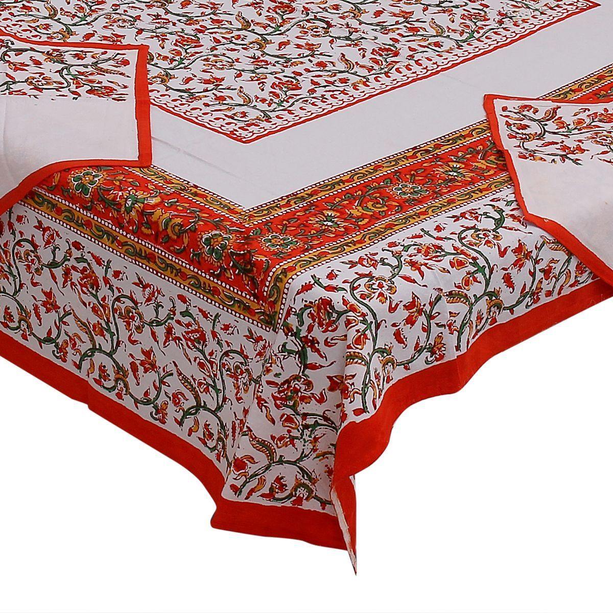 Red Pure Hand Block Printed 240 TC Cotton Table Cover with 6 Napkins (SHKF1001) - Frionkandy