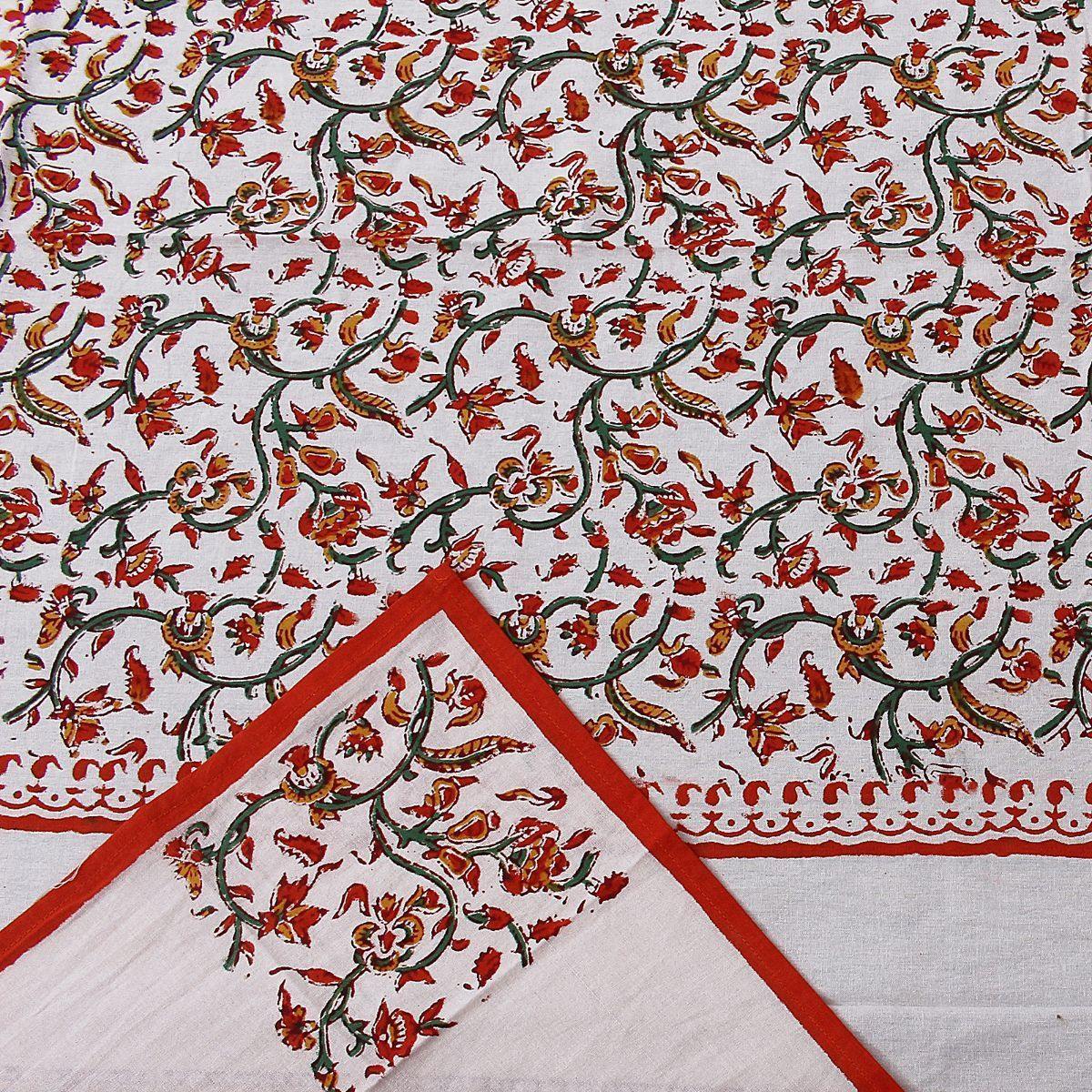 Red Pure Hand Block Printed 240 TC Cotton Table Cover with 6 Napkins (SHKF1001) - Frionkandy