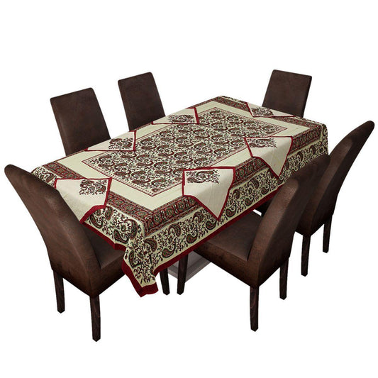 Maroon Pure Hand Block Printed 240 TC Cotton Table Cover with 6 Napkins (SHKF1002) - Frionkandy