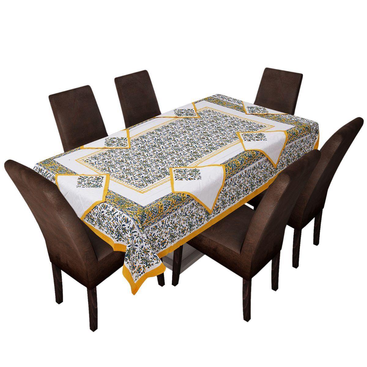 Yellow Pure Hand Block Printed 240 TC Cotton Table Cover with 6 Napkins (SHKF1003) - Frionkandy