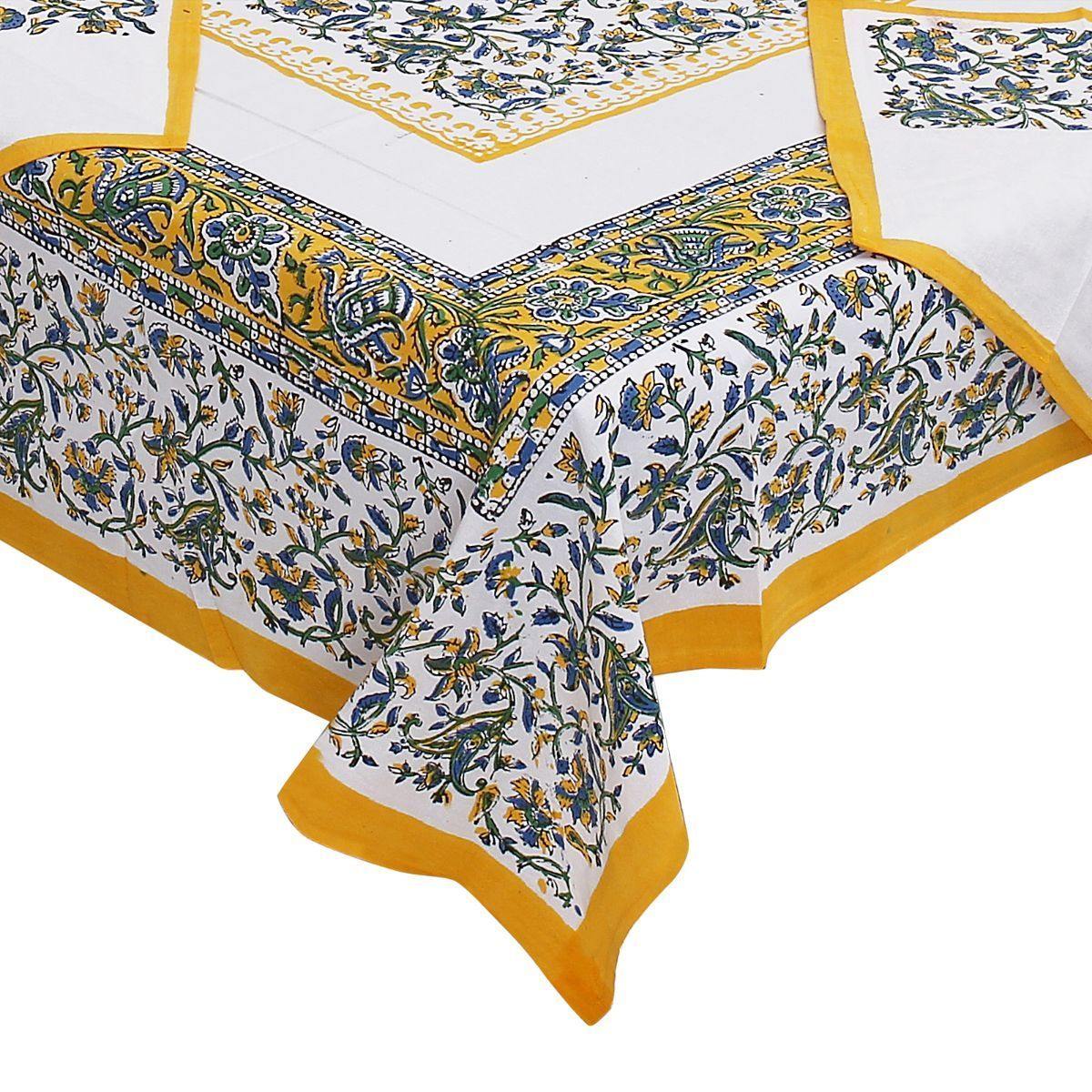 Yellow Pure Hand Block Printed 240 TC Cotton Table Cover with 6 Napkins (SHKF1003) - Frionkandy