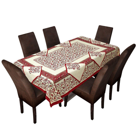 Red Pure Hand Block Printed 240 TC Cotton Table Cover with 6 Napkins (SHKF1004) - Frionkandy