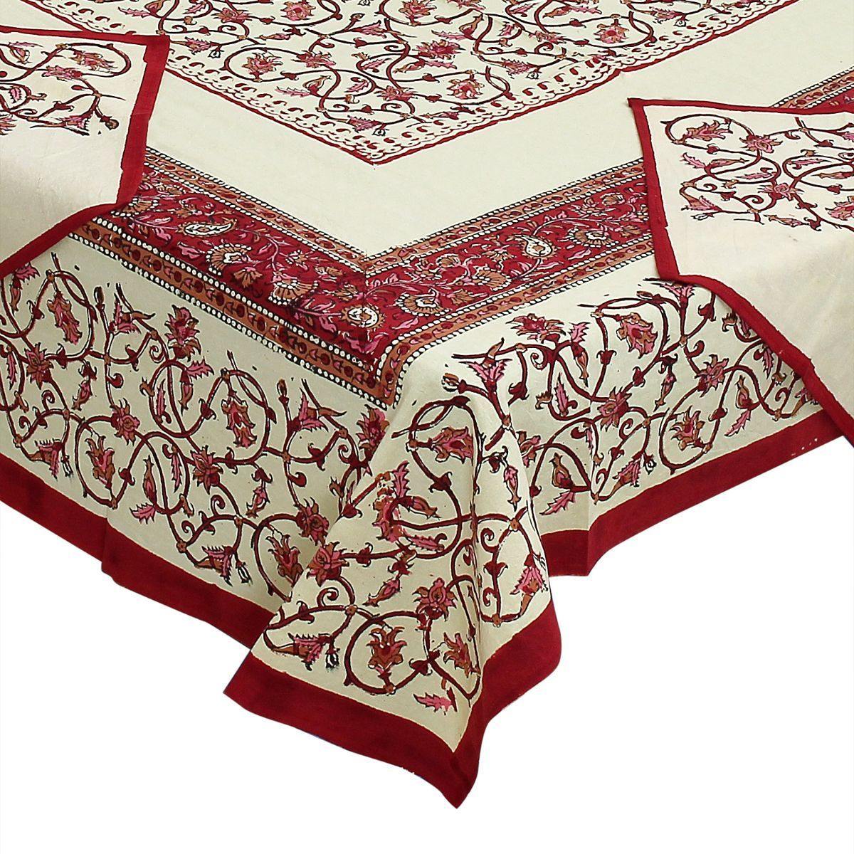 Red Pure Hand Block Printed 240 TC Cotton Table Cover with 6 Napkins (SHKF1004) - Frionkandy