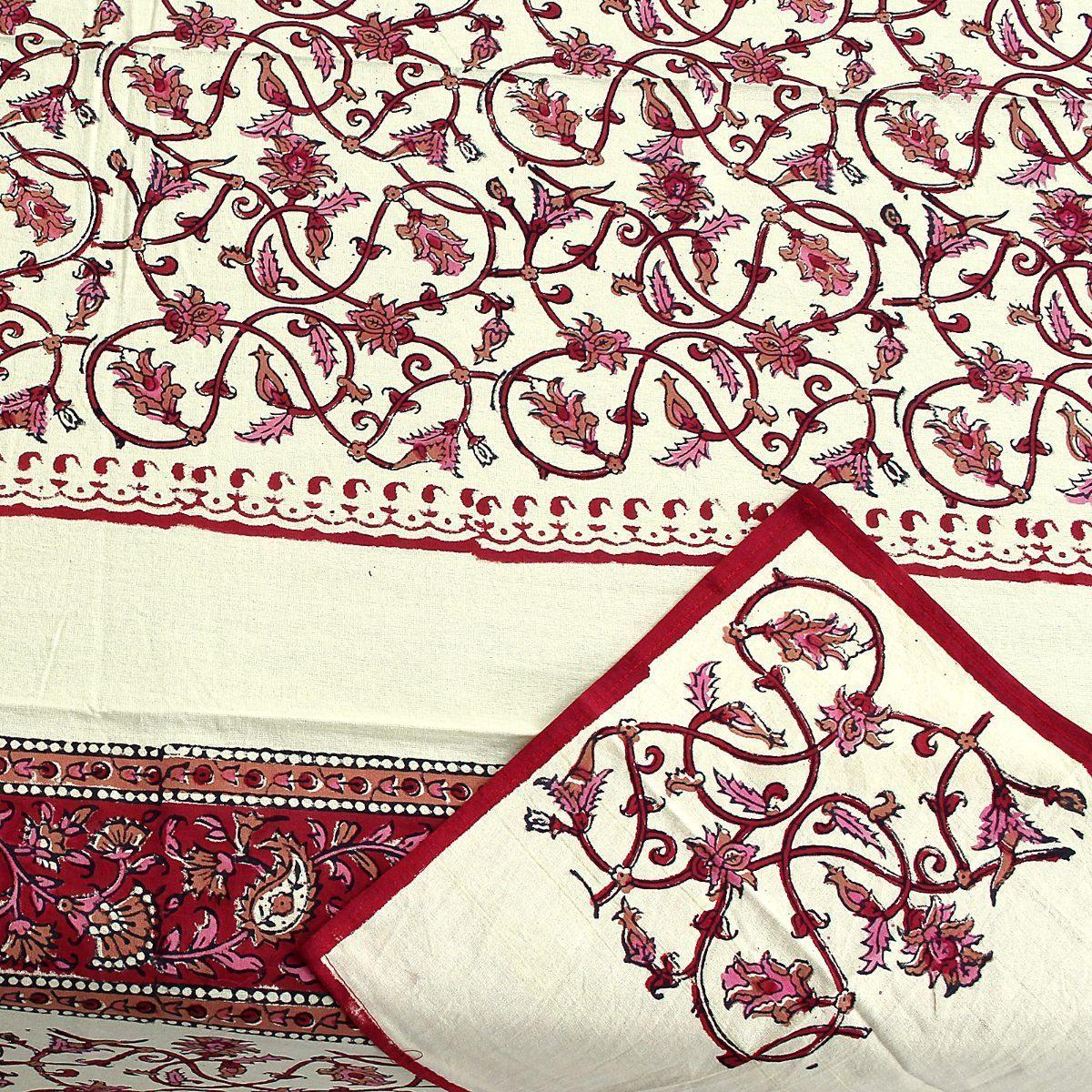 Red Pure Hand Block Printed 240 TC Cotton Table Cover with 6 Napkins (SHKF1004) - Frionkandy