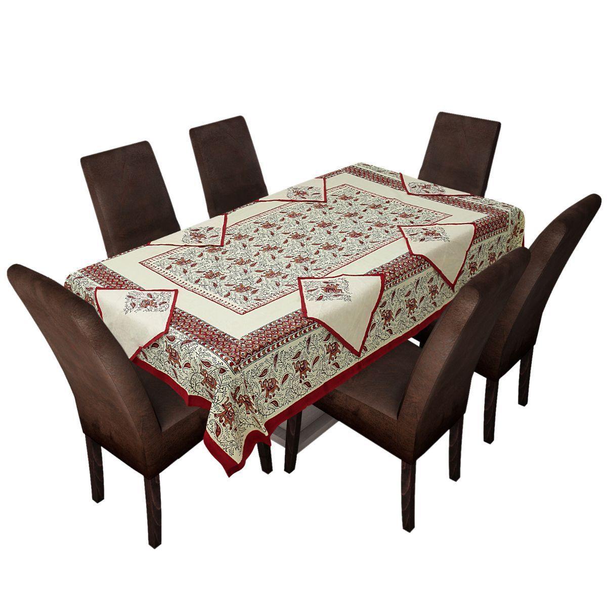 Maroon Pure Hand Block Printed 240 TC Cotton Table Cover with 6 Napkins (SHKF1005) - Frionkandy