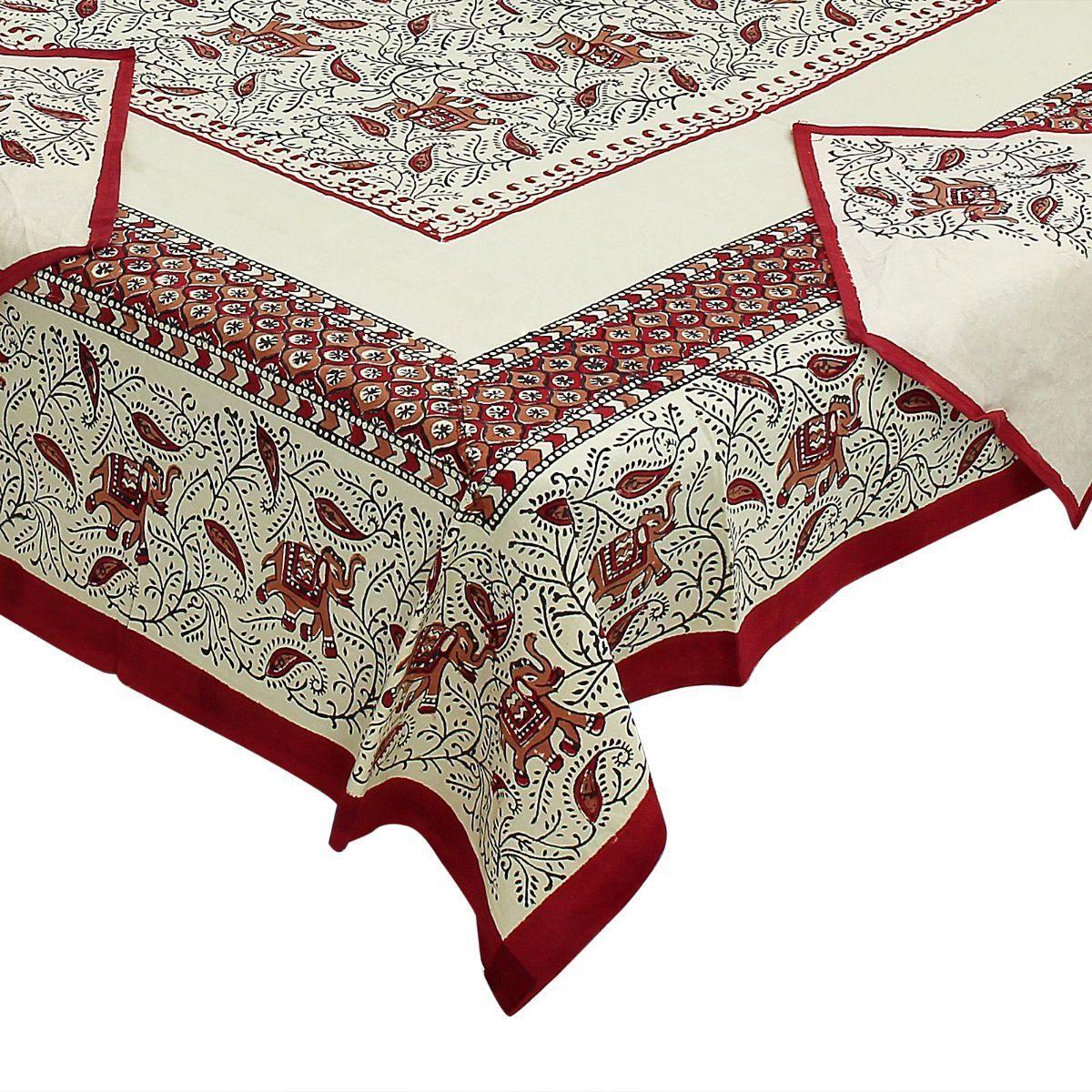 Maroon Pure Hand Block Printed 240 TC Cotton Table Cover with 6 Napkins (SHKF1005) - Frionkandy