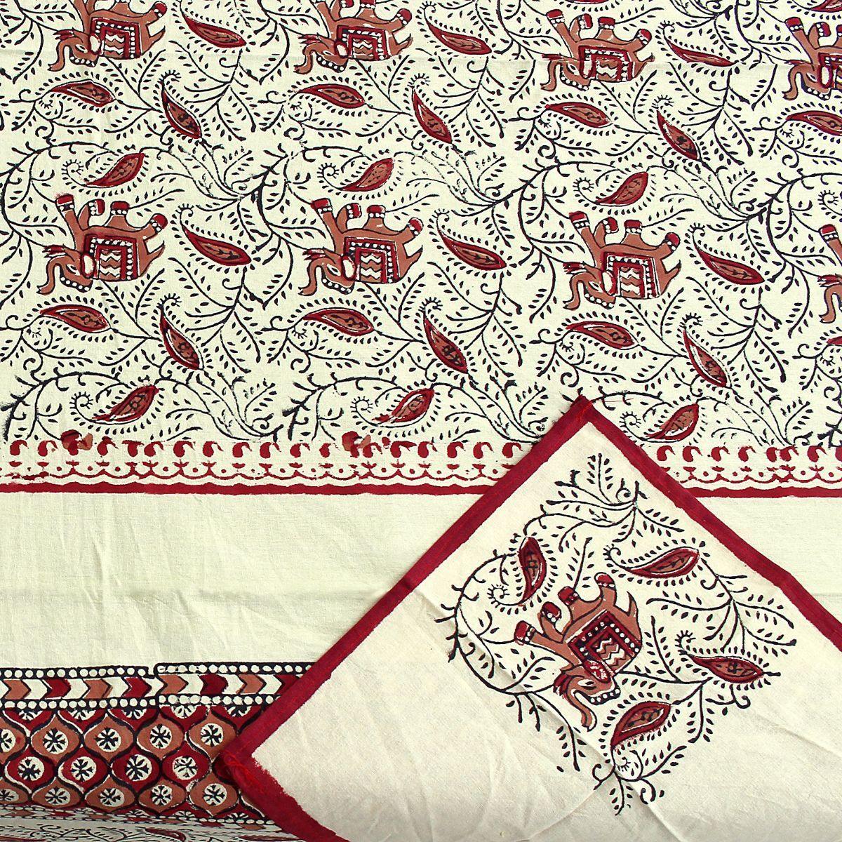 Maroon Pure Hand Block Printed 240 TC Cotton Table Cover with 6 Napkins (SHKF1005) - Frionkandy