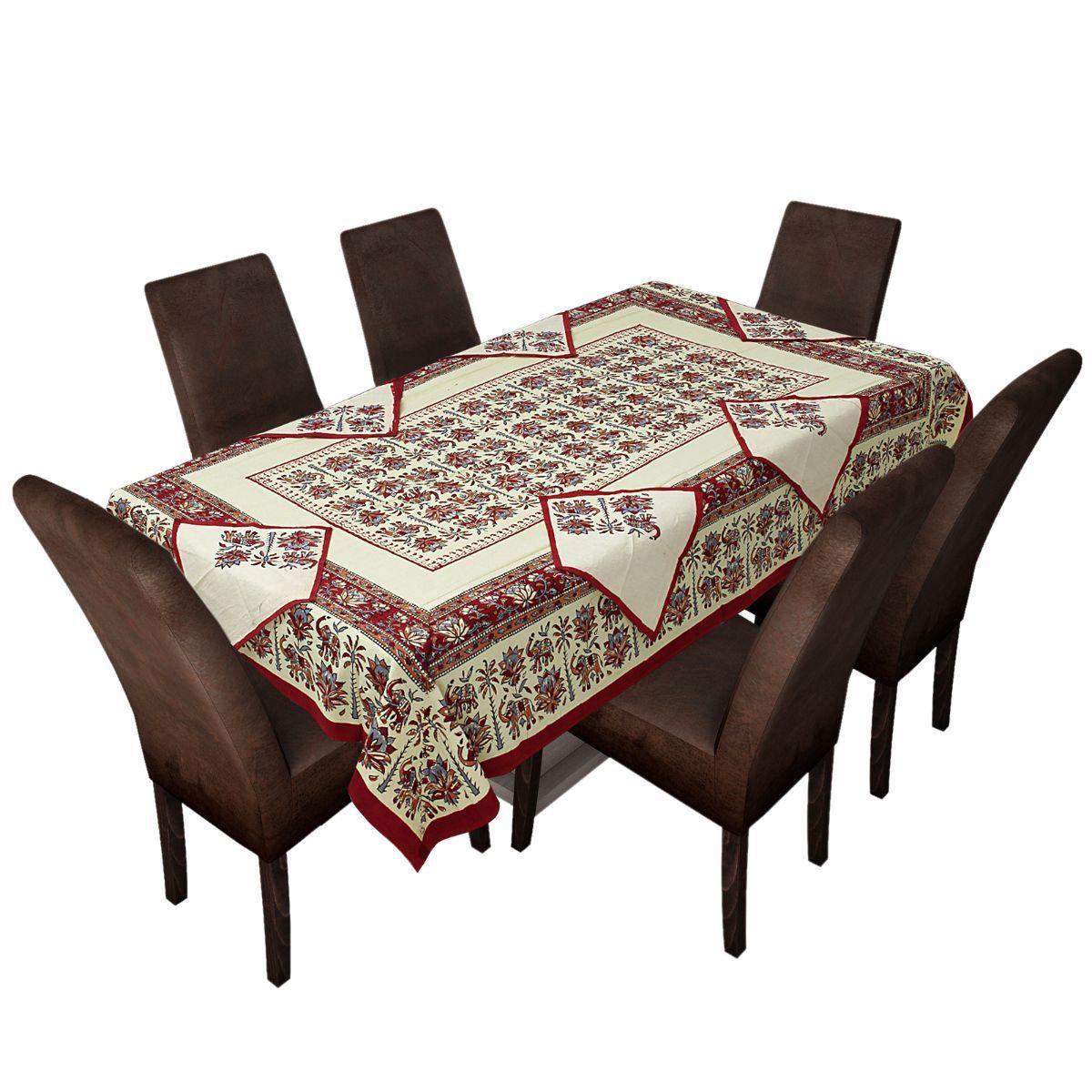 Maroon Pure Hand Block Printed 240 TC Cotton Table Cover with 6 Napkins (SHKF1007) - Frionkandy