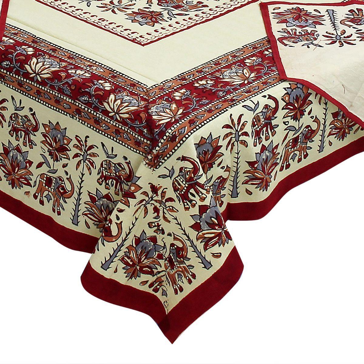 Maroon Pure Hand Block Printed 240 TC Cotton Table Cover with 6 Napkins (SHKF1007) - Frionkandy