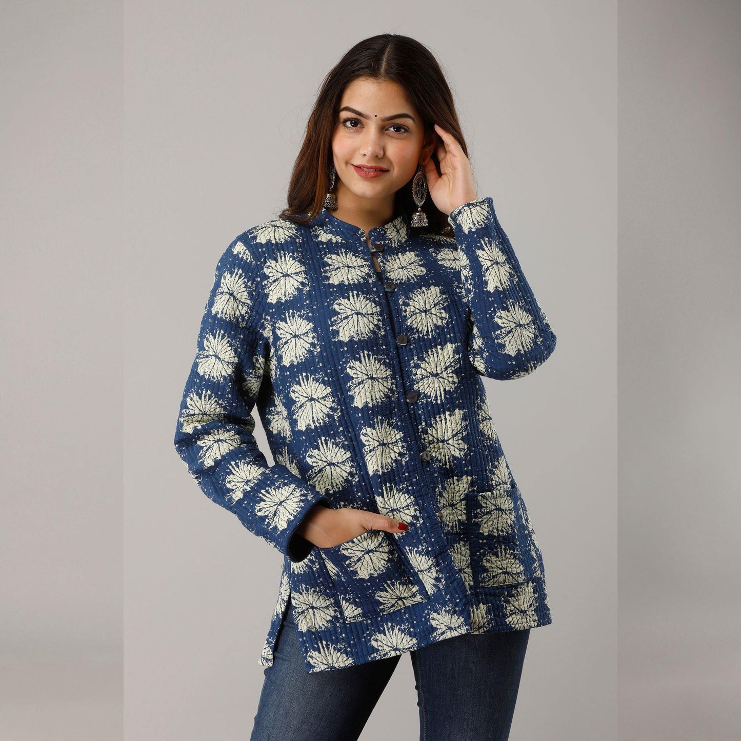 Blue Cotton Quilted Jacket - Frionkandy