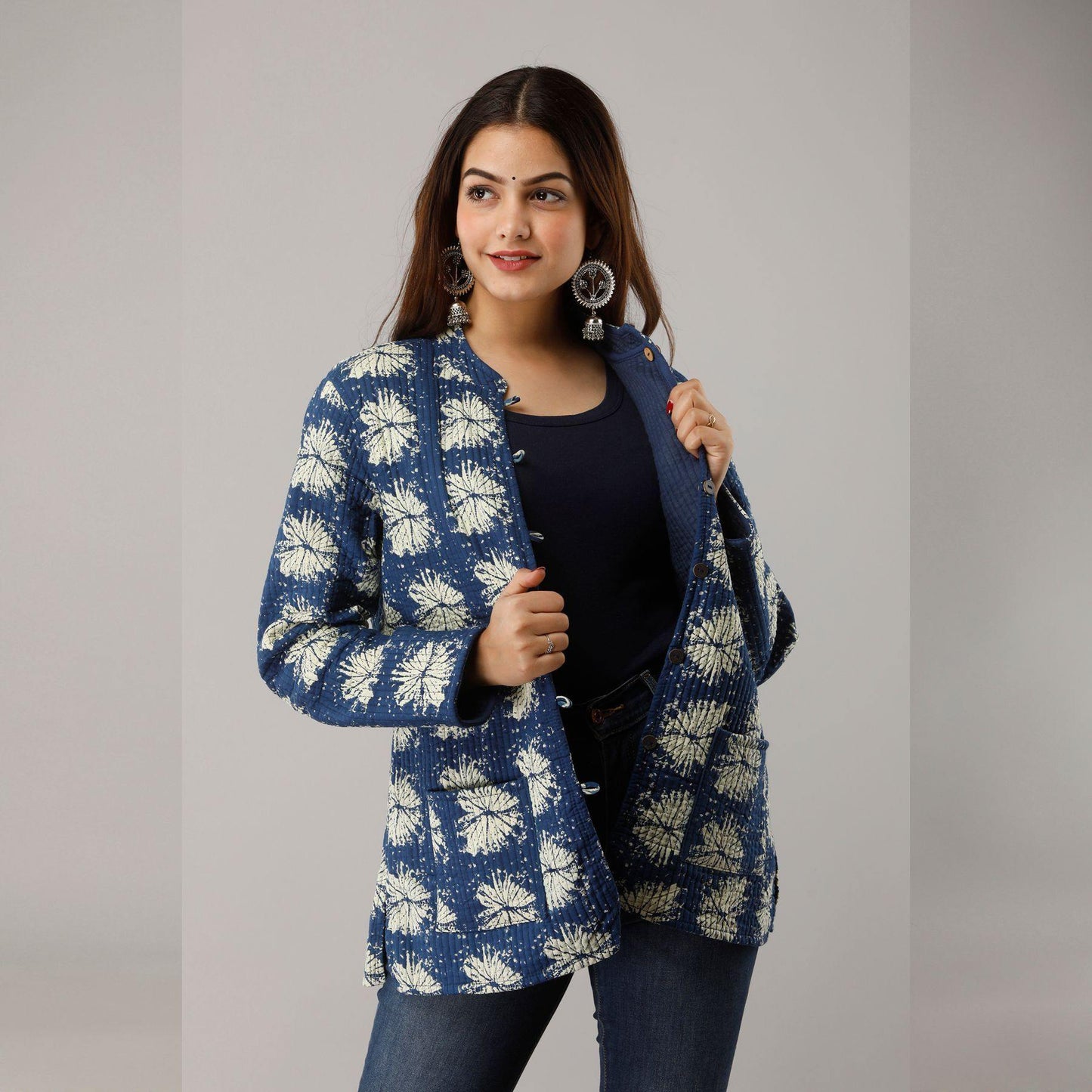 Blue Cotton Quilted Jacket - Frionkandy