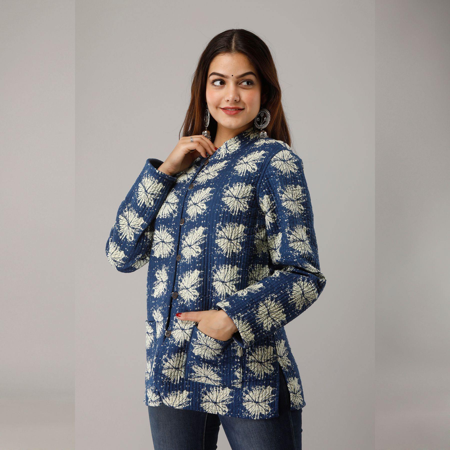 Blue Cotton Quilted Jacket - Frionkandy