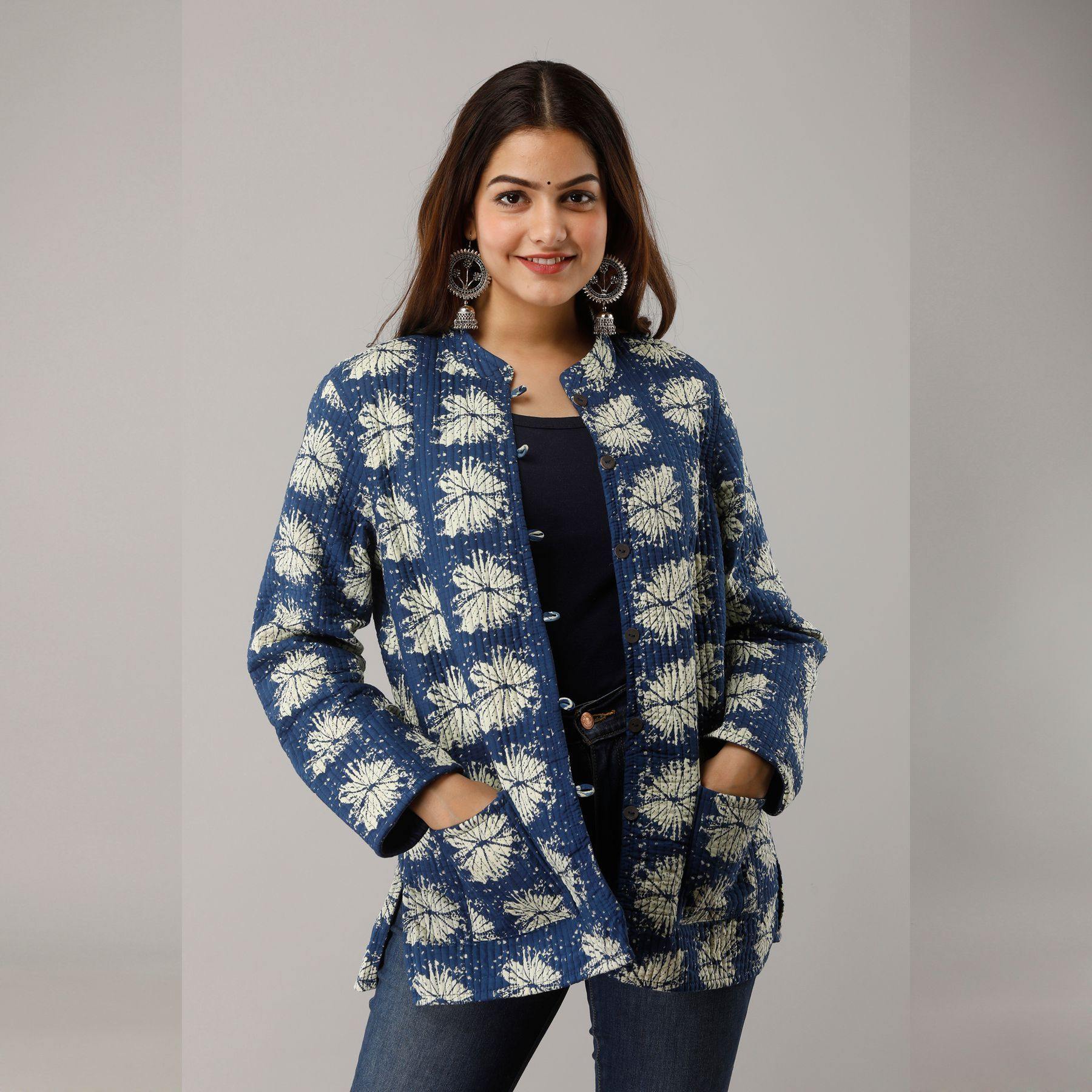 Blue Cotton Quilted Jacket - Frionkandy