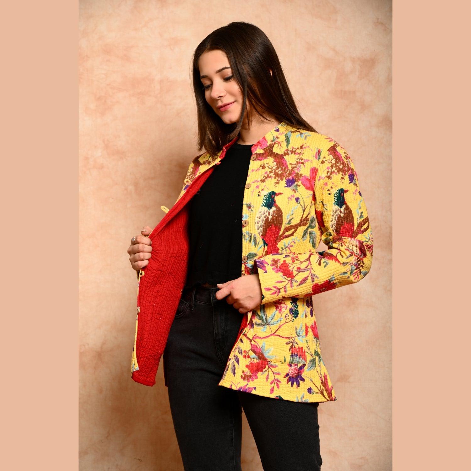 Women's Cotton Floral Print Quilted Jacket - Frionkandy