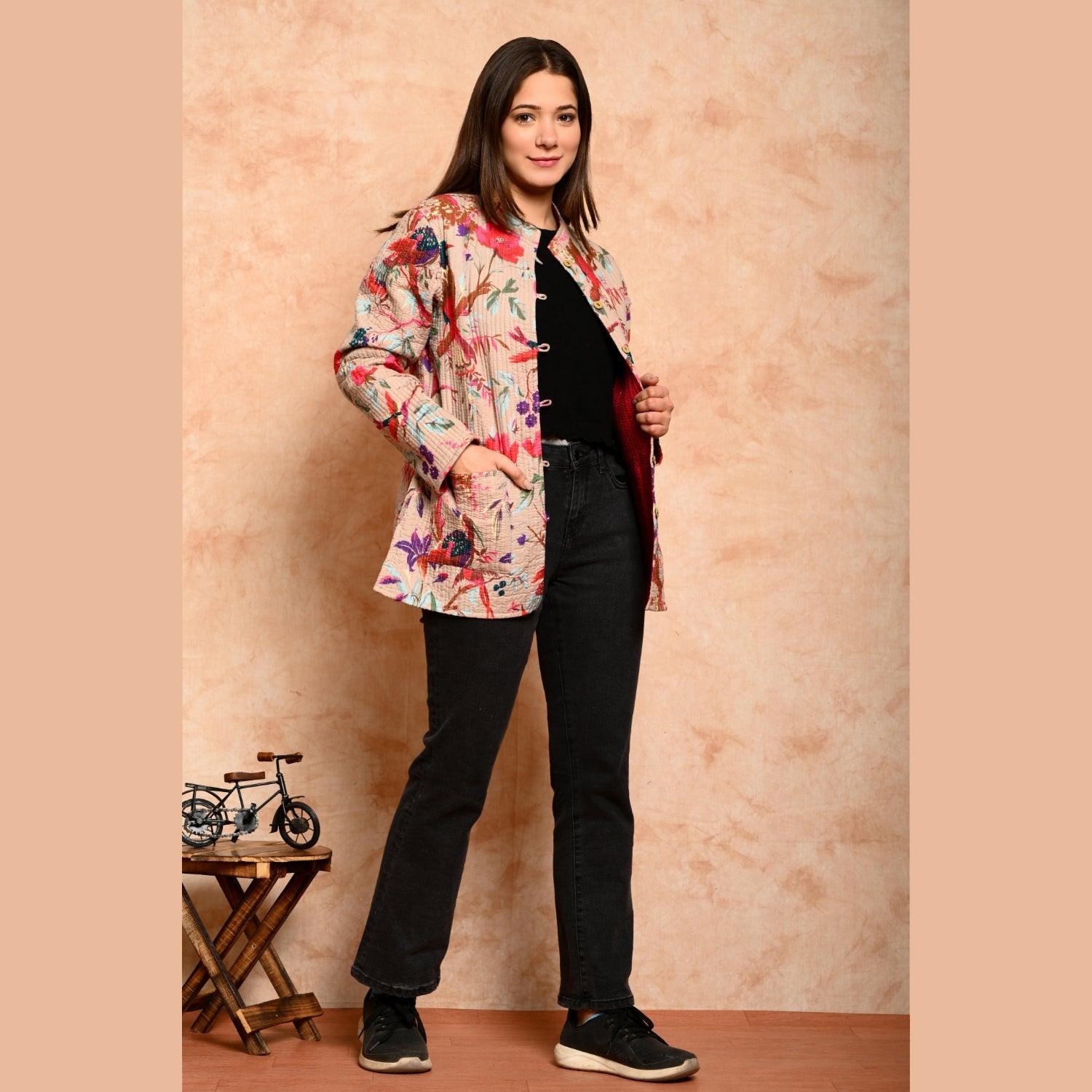 Women's Cotton Floral Print Quilted Jacket - SHKL1015 - Frionkandy