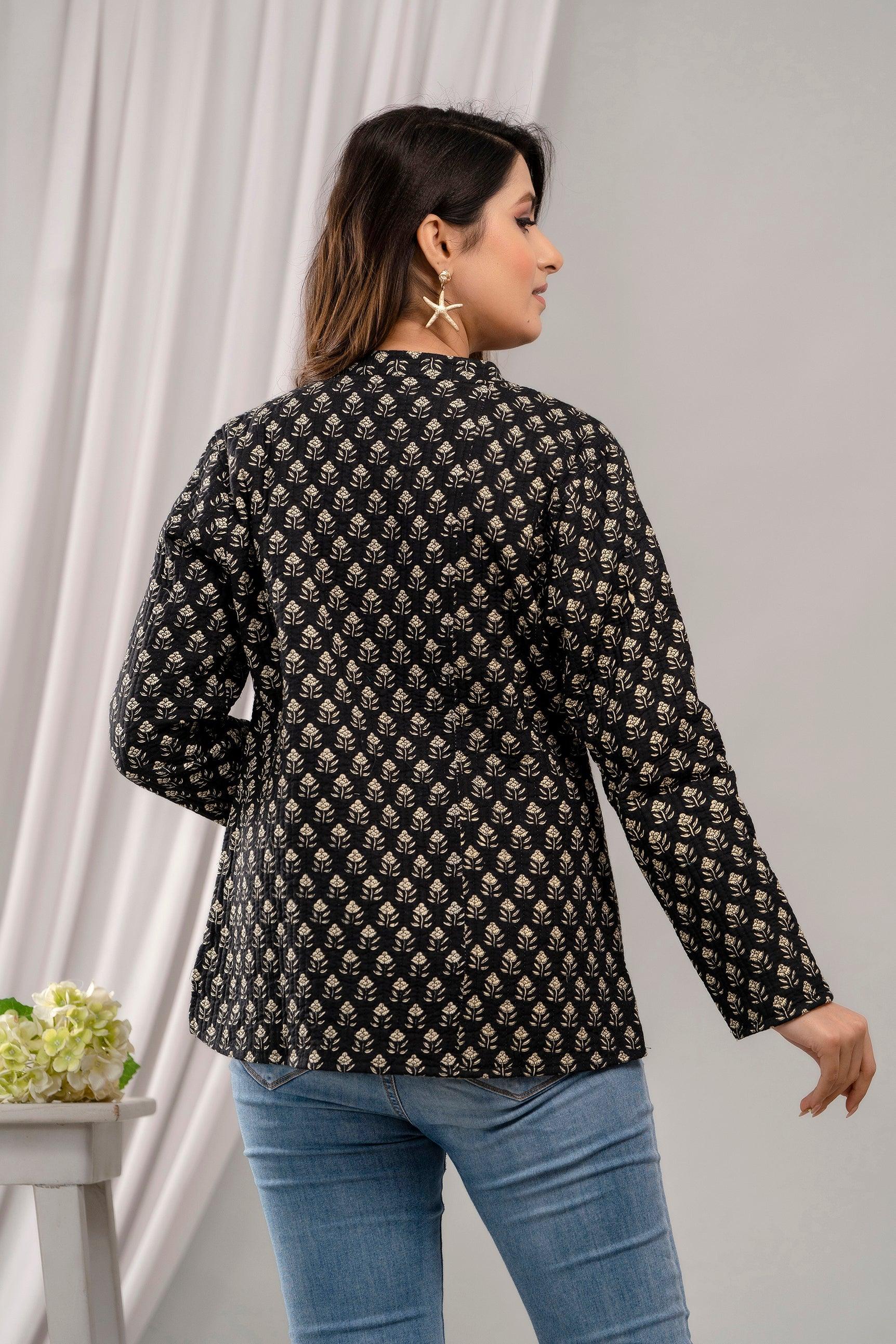 Women Printed Lightweight Cotton Quilted Black Jacket - SHKL1016 - Frionkandy