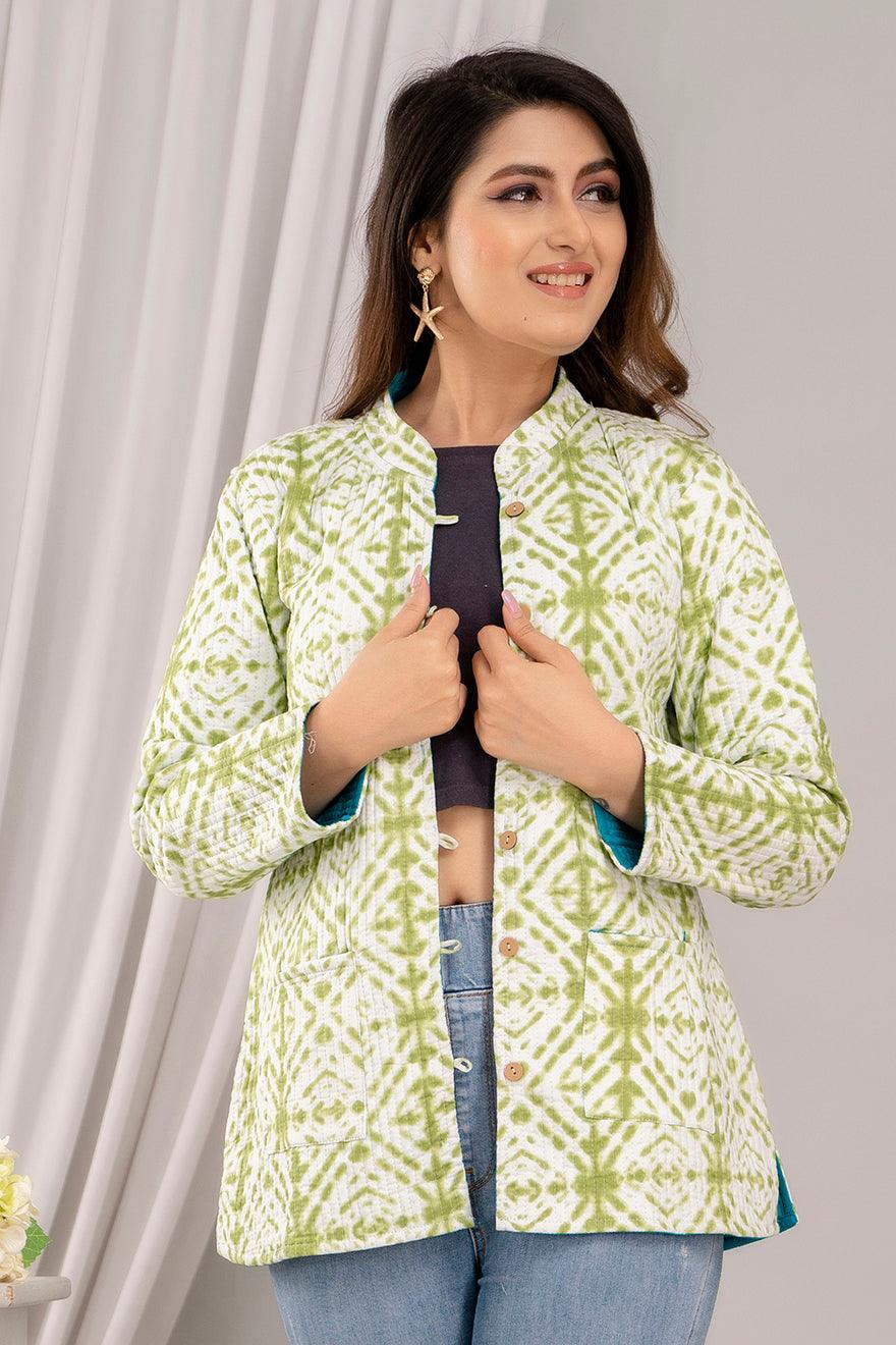 Women Printed Lightweight Cotton Quilted Light Green Jacket - SHKL1018 - Frionkandy