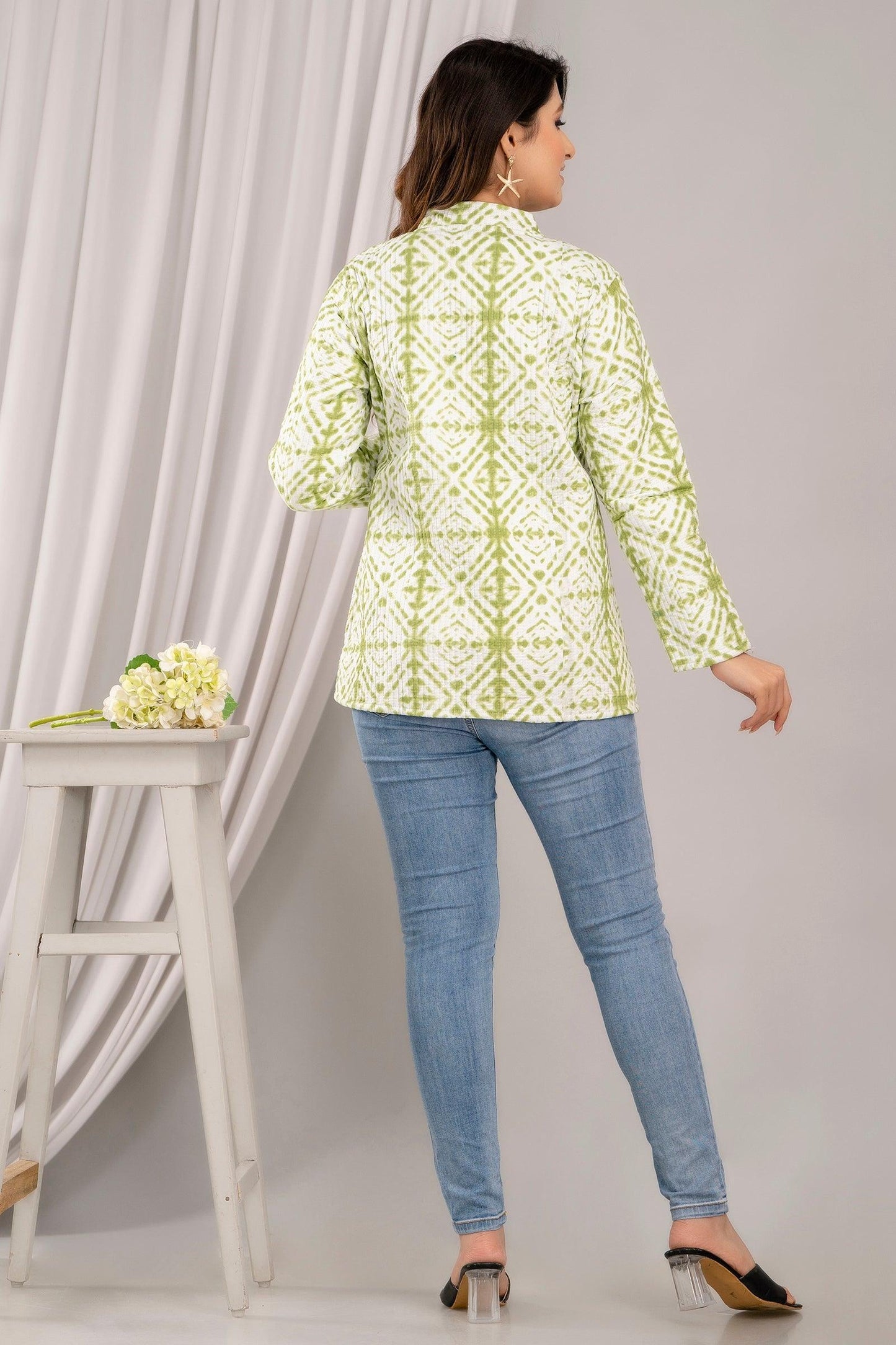 Women Printed Lightweight Cotton Quilted Light Green Jacket - SHKL1018 - Frionkandy